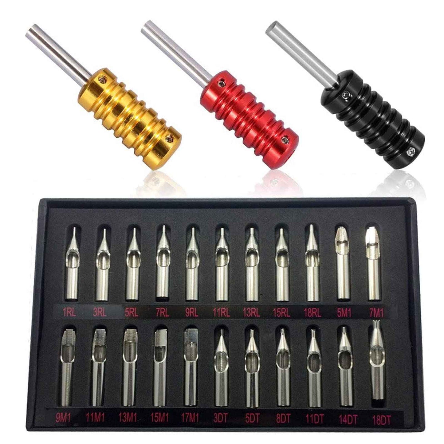 SOTICA Traditional Tattoo Tips and Grips,3Pcs Aluminum Grips Tubes and 22 PCS Tips Stainless steel Tips and Grips Round Diamond Magnum RT DT FT Nozzle Tips for Tattoo Suuplies
