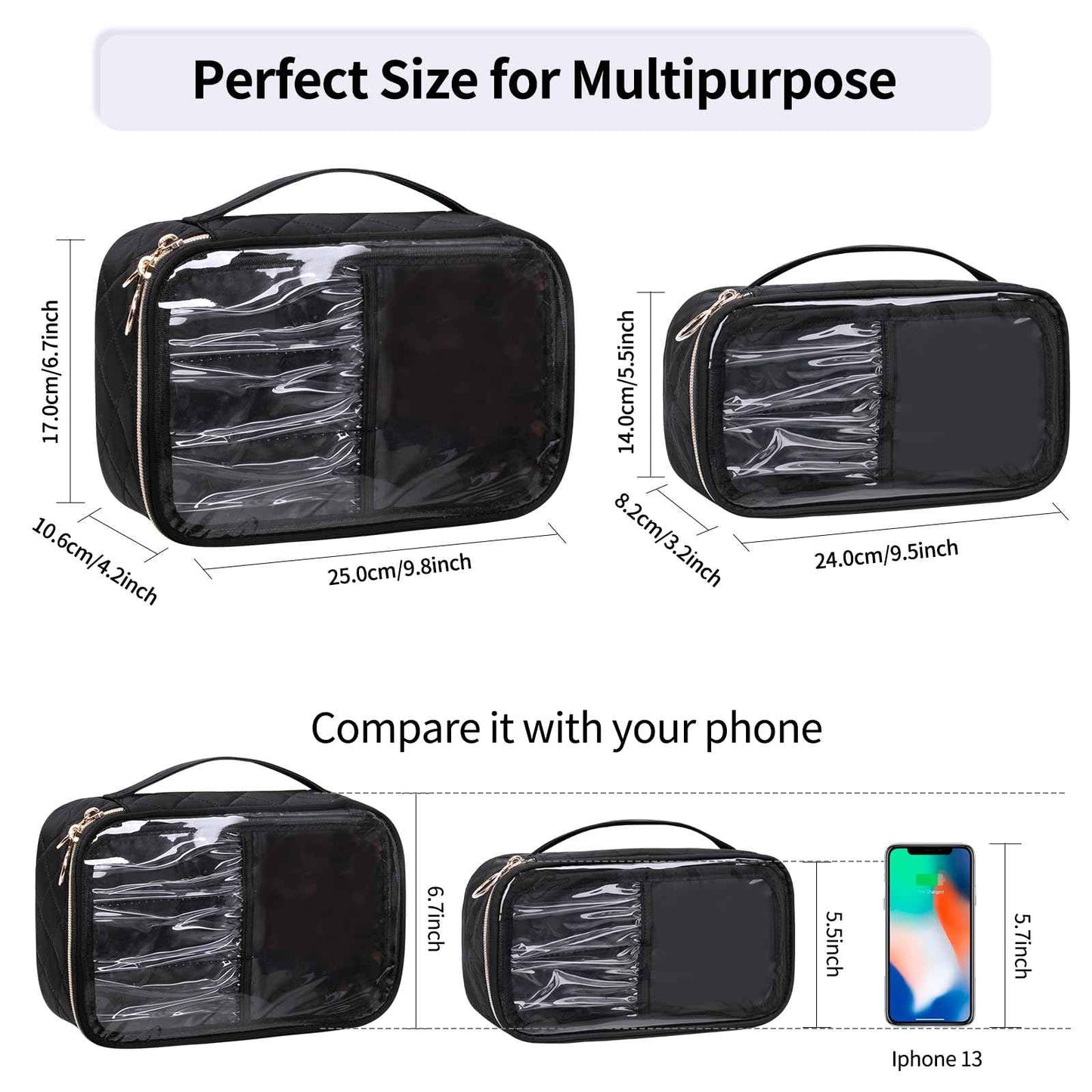 OCHEAL Clear Makeup Bag, Portable Cosmetic Organize,Travel Makeup Bag Cute Clear Pouch For Women and Girls Cosmetics Bags with Divider Makeup Brush Compartment-Black Nylon