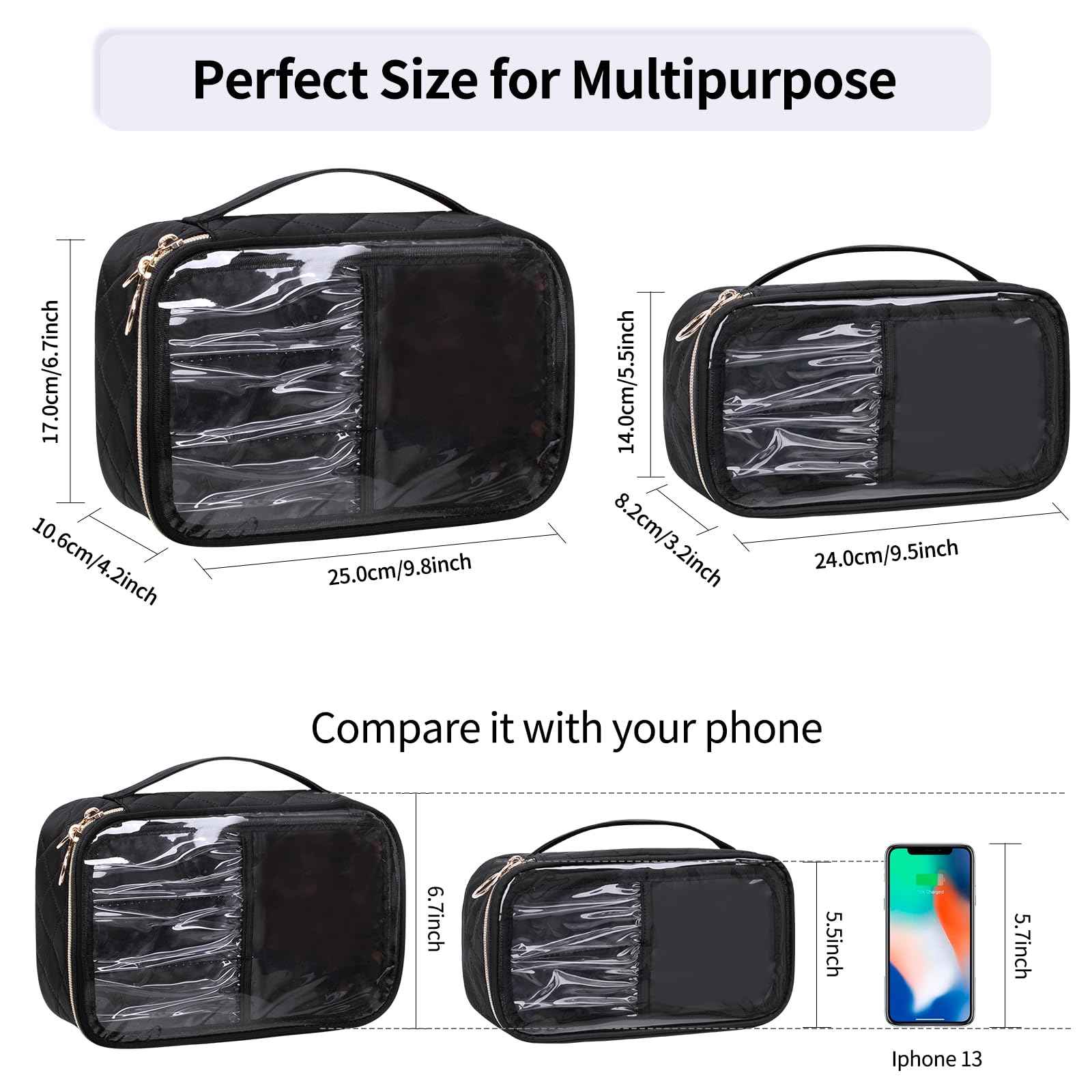 OCHEAL Clear Makeup Bag, Portable Cosmetic Organize,Travel Makeup Bag Cute Clear Pouch For Women and Girls Cosmetics Bags with Divider Makeup Brush Compartment-Black Nylon