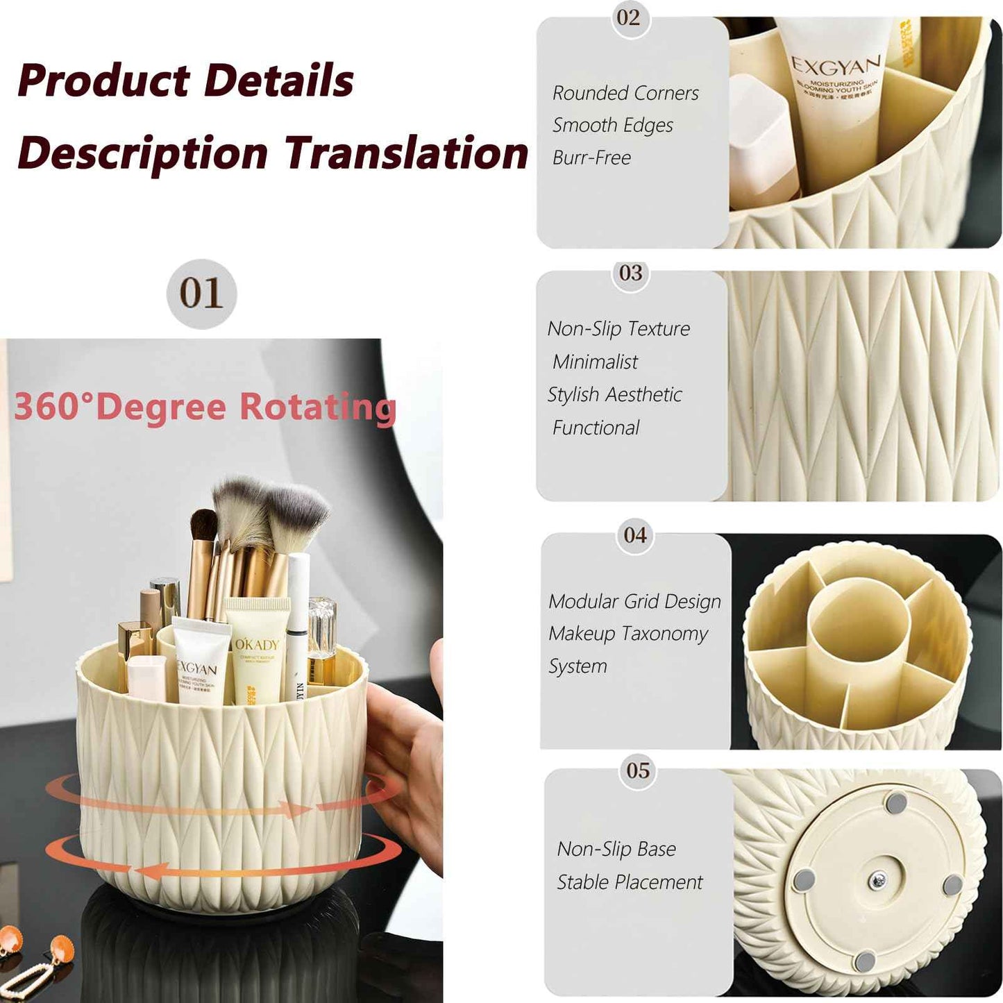 Yoohailor Rotating Makeup Brush Holder - White 5 Slot 360° Spinning Organizer for Vanity Desk, Cute Aesthetic Storage for Women, Multi-purpose Pen Pencil Caddy for Office Home Art Supplies