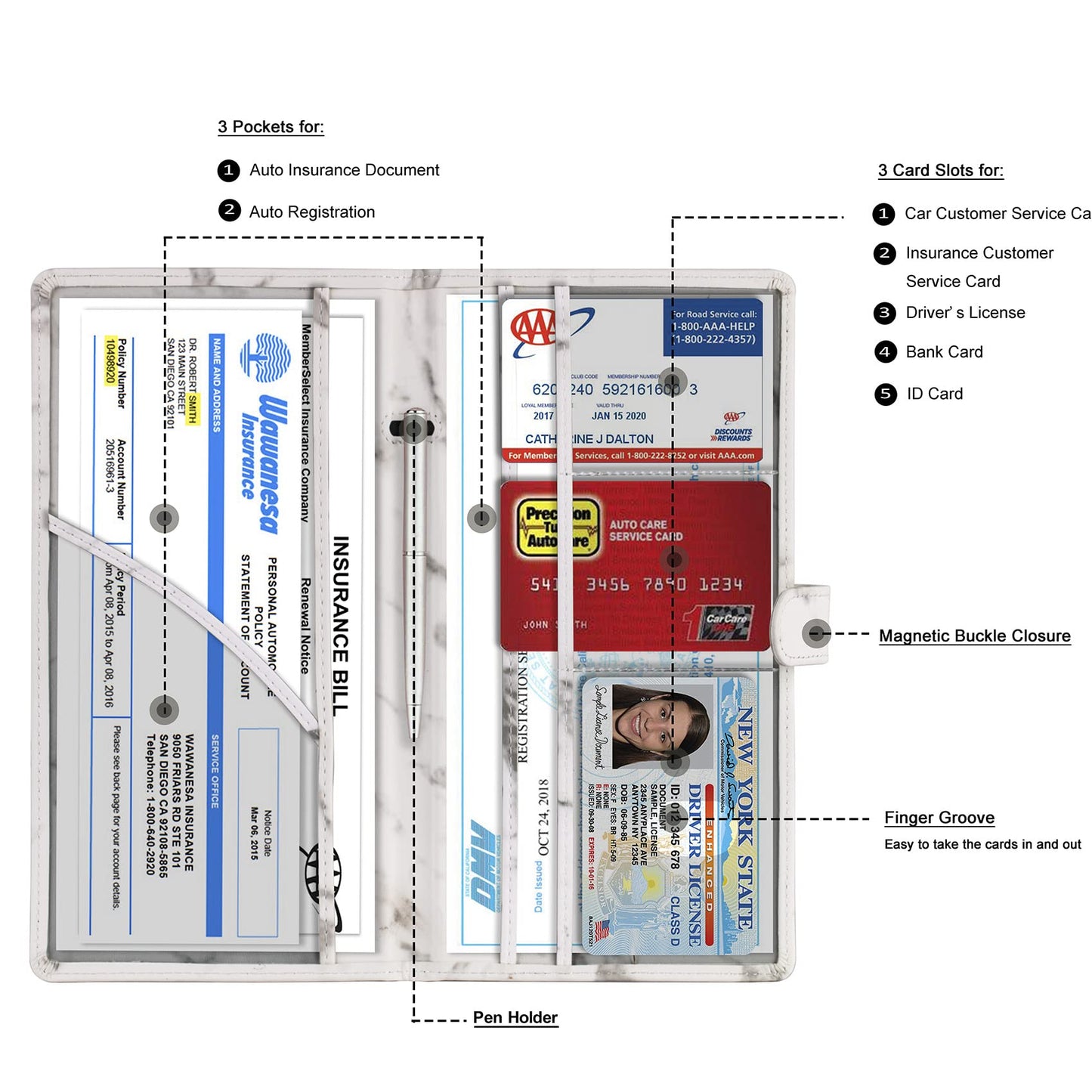 TOURSUIT Car Registration and Insurance Card Holder, Vehicle License Document Glove Box Compartment Organizer, Interior Car Accessories for Women Men Teens (Marble Grey)