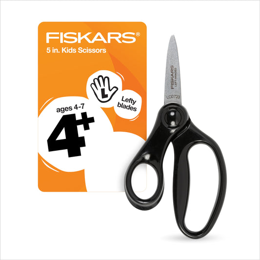 Fiskars 5" Left-Handed Pointed-Tip Scissors for Kids Ages 4-7, Scissors for School or Crafting, Back to School Supplies, Black