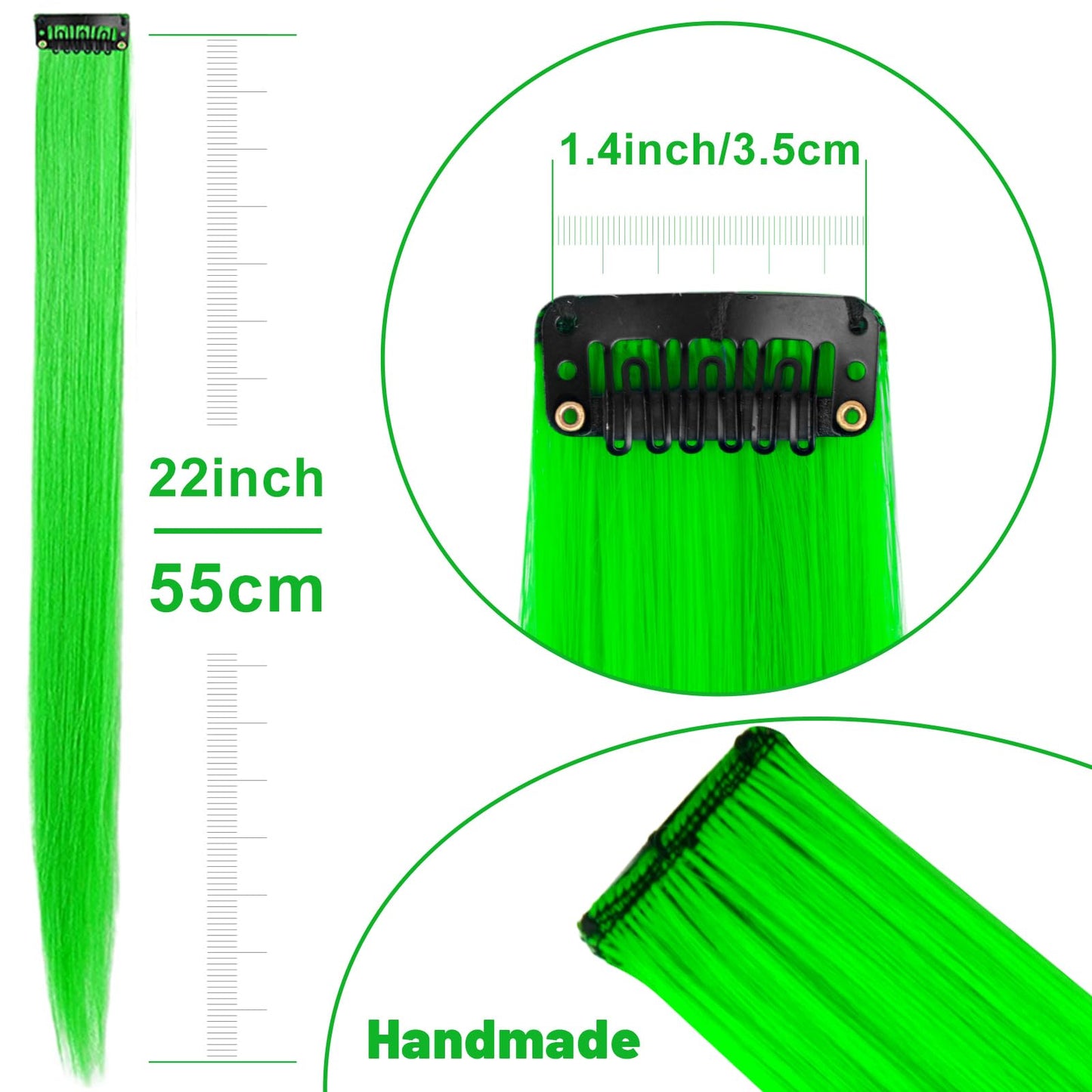 TOFAFA 22 inch Colored Hair Extensions Straight Hairpiece, Multi-colors Party Highlights Clip in Synthetic Hair Extensions for Women Kids Girls Cosplay Party Gift(10 PCS Green)