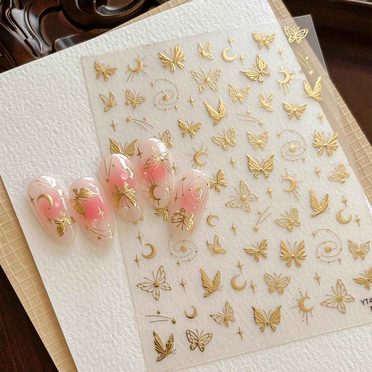 5D Embossed Gold Nail Stickers Butterfly Nail Art Stickers Spring Nail Decals Golden Self-Adhesive Star Moon Nail Decals for Women Girls Acrylic Nails Manicure DIY Nail Supplies