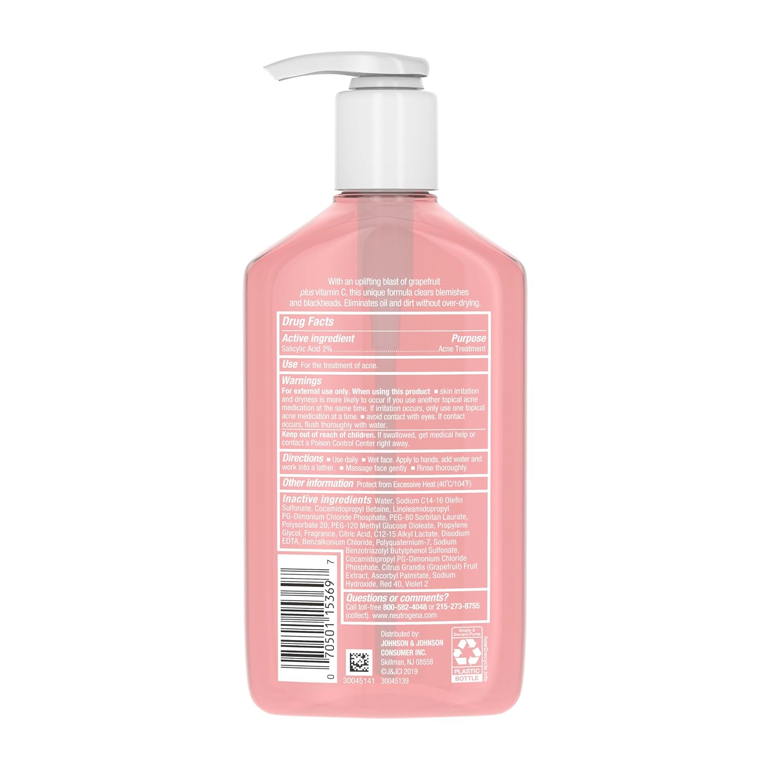 Neutrogena Oil-Free Salicylic Acid Pink Grapefruit Pore Cleansing Acne Wash and Facial Cleanser with Vitamin C, 9.1 fl. oz