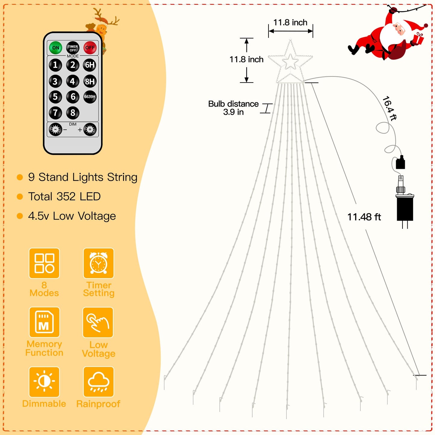 shineshine Christmas Lights 352LED 11.5FT, IP67 Waterproof Outdoor Christmas Decorations with 8 Lighting Modes, Remote Control Warm White Tree Lights for Outside Yard House