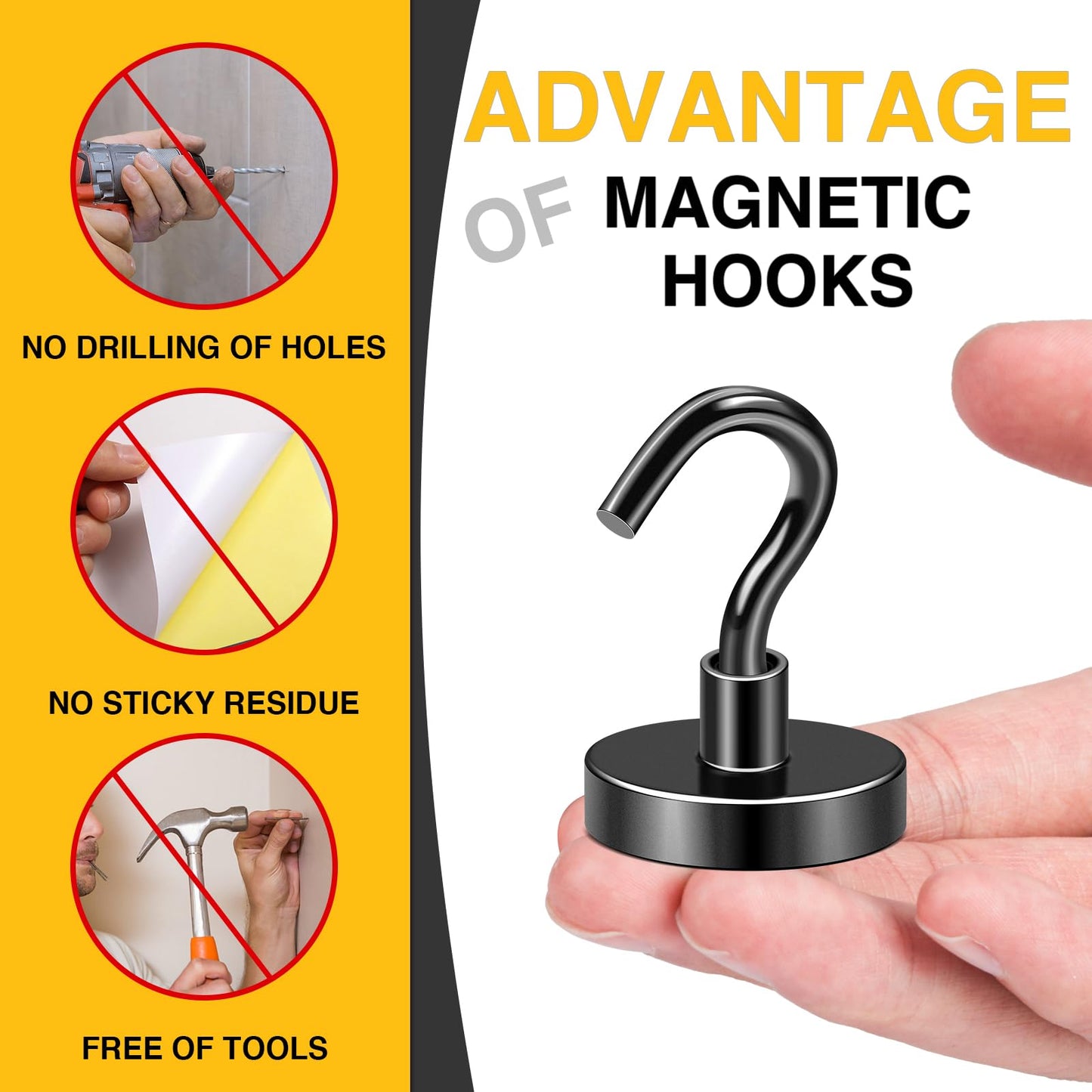 DIYMAG Black Magnetic Hooks, 118 LB Heavy Duty Strong Magnet with Hooks, Strong Rare Earth Neodymium Magnet Hooks for Hanging, Magnetic Hanger for Curtain, Home, Kitchen, Workplace, 6 Packs