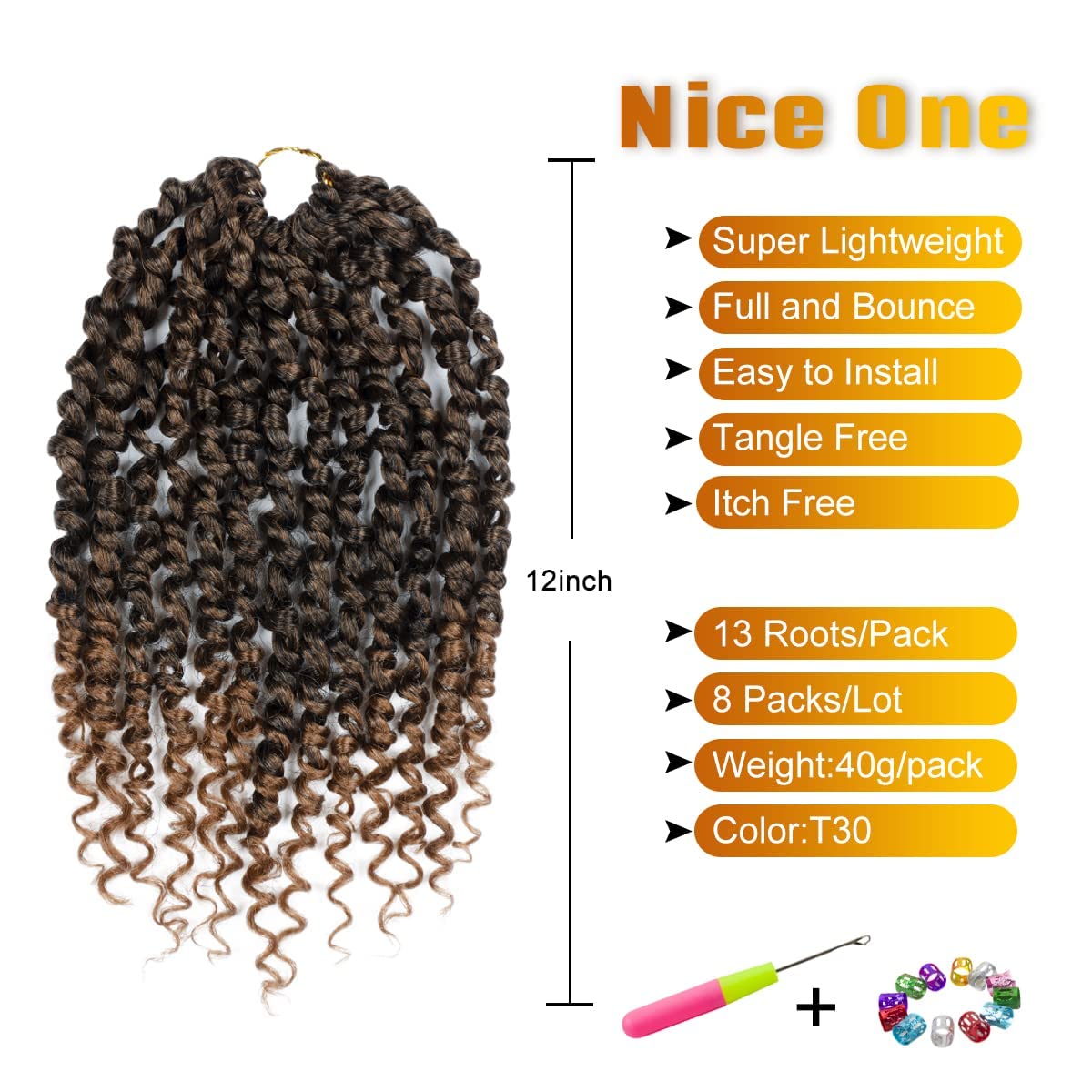 Nice One 8 Packs Ombre Brown Pre-Looped Passion Twists Braiding Synthetic Hair 12 Inch, Pre-Twisted, Short Crochet Passion Twist Hair Extensions for Women (12inch,T30#)