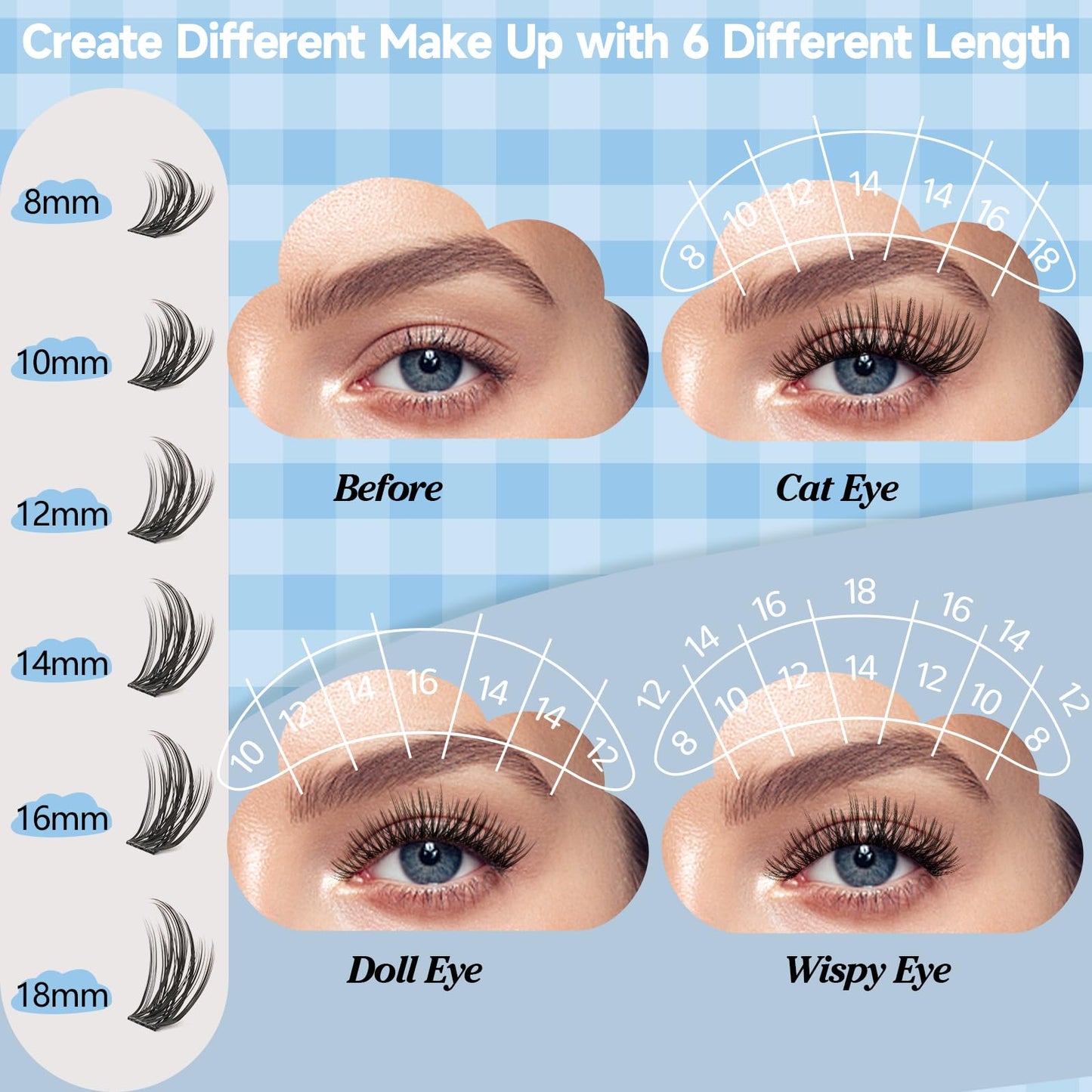 KevKev Lash Clusters 168 Pcs Cluster Lashes DIY Lash Extensions Mixed Styles Individual Lashes Eyelash Clusters Thin Band & Soft Lashes that Look Like Eyelash Extensions(Cloudy & Cirrus, D-8-16mix)