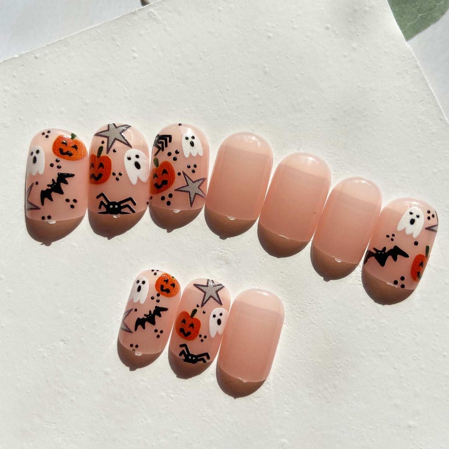 24Pcs Halloween Press on Nails Short Square Fake Nails Pink Artificial Nails Spider Ghost Pumpkin False Nails Full Cover Acrylic Nails Glossy Glue on Nails Cute Stick on Nails for Women Manicure