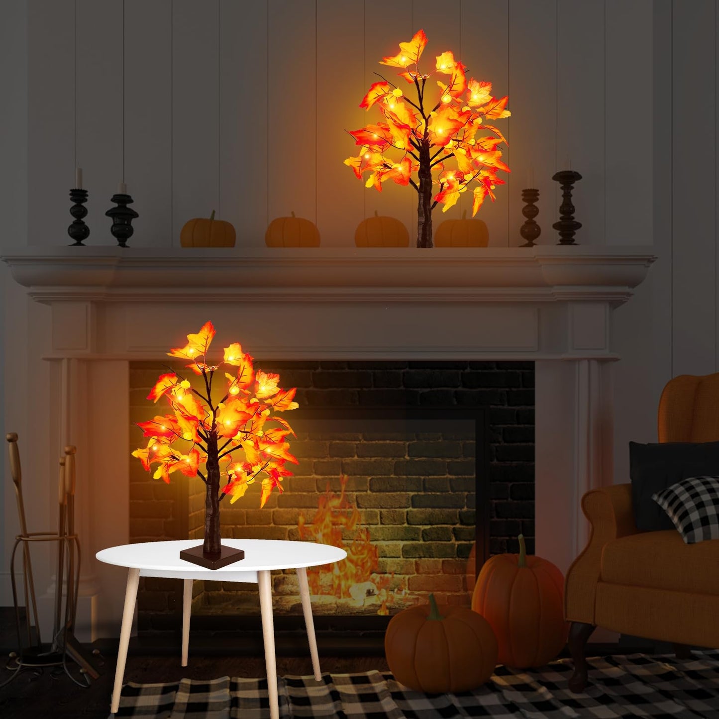 TURNMEON 18'' Fall Thanksgiving Lighted Maple Tree with Timer 24 Pumpkin Lights Battery Operated Lighted Artificial Maple Leaf Tree for Thanksgiving Decor Fall Autumn Harvest Home Tabletop Indoor