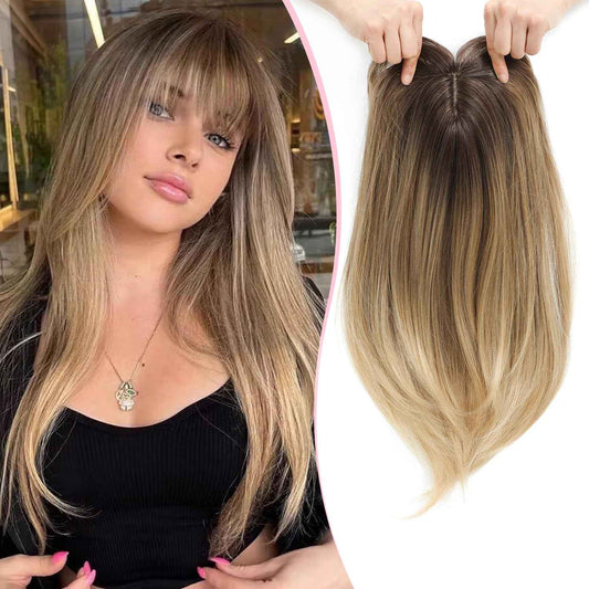Megito 18inch Hair Topper with Bangs Synthetic 6.5"X6.5" Big Base Cover Clip in Hairpieces for Women with Thinning Hair Add Volume Daily Use(Brown Blonde with Dark Root)