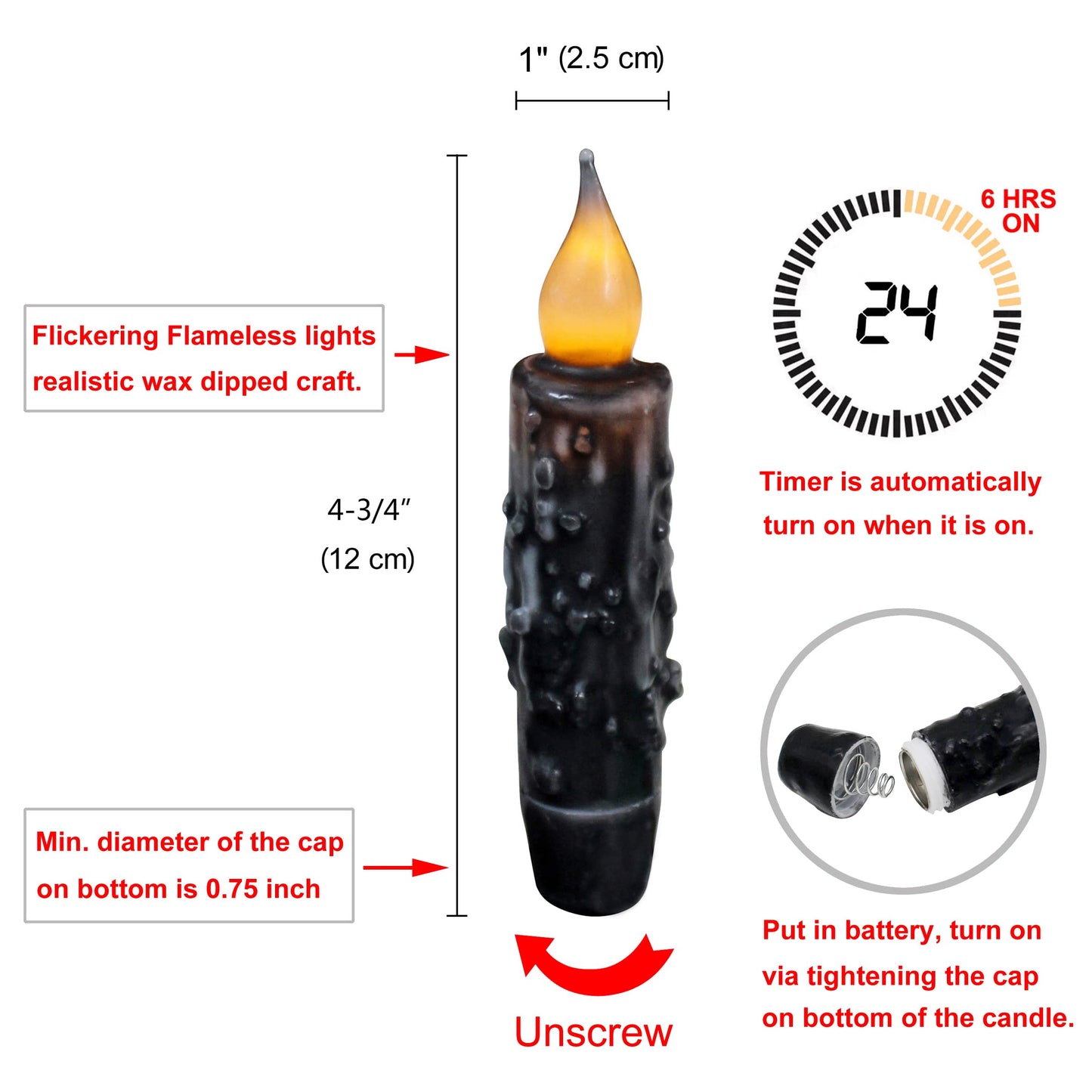 CVHOMEDECO. Real Wax Hand Dipped Battery Operated LED Timer Taper Candles Rustic Primitive Flameless Lights Décor, 4-3/4 Inch, Matt Black, 6 PCS in a Package