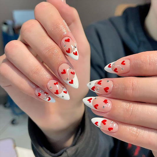 White French Tip Press on Nails Medium Almond Red Love Heart Rhinestones False Nails with Design Valentine's Day Artificial Acrylic Nails Full Cover Reusable Coffin Fake Nails Glue on Nails for Women