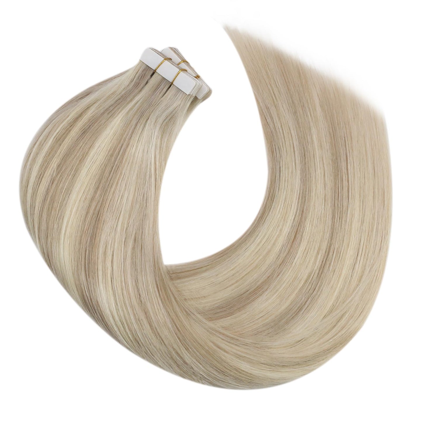 Moresoo Tape in Hair Extensions Human Hair Blonde Highlighted Hair Extensions Tape in Ash Blonde Highlighted with Bleach Blonde Hair Extensions Real Human Hair Tape in 18 Inch #P18/613 20pcs 50g