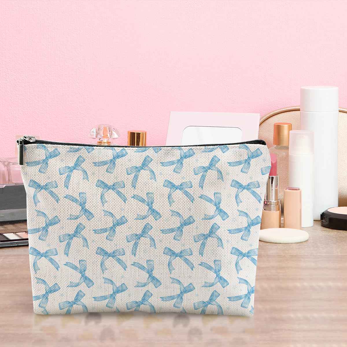LONGXIN Coquette Makeup Bag Trendy Teen Girls Gifts Blue Bow Pouch Bag Gift for Women Aesthetic Cosmetic Bag Preppy Stuff Trendy Preppy Makeup Bag Funky Zipper Travel Toiletry Bag