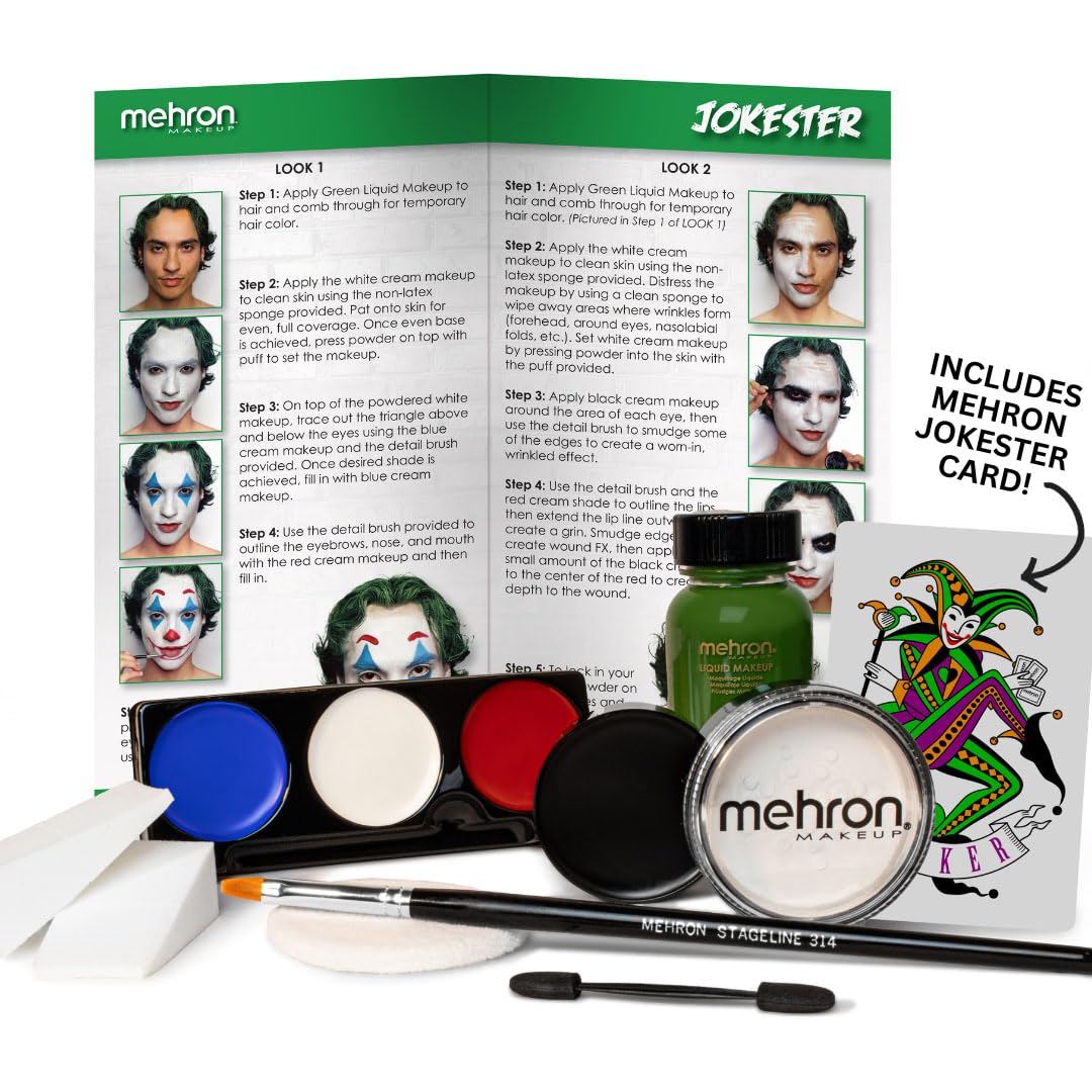 Mehron Makeup Premium Character Kits| Makeup Kits for Halloween & Cosplay| Made in the USA | Complete Makeup Kit | Includes all Makeup, Tools, & Instructions on How to Create the Look | (Jokester)