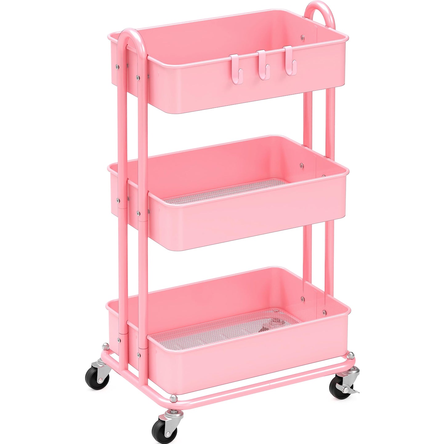 Simple Houseware Heavy Duty 3-Tier Metal Utility Rolling Cart, Pink