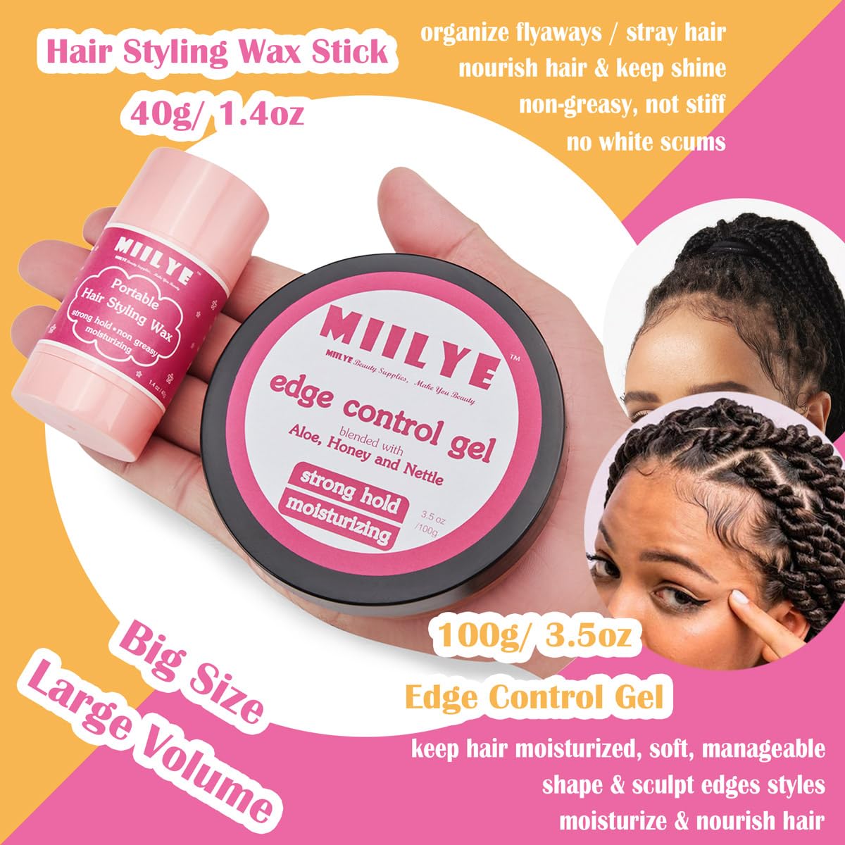 MIILYE Lace Wig Glue and Hair Styling Wax Gel Combo Pack Wig Install Kits, Wig Glue for Front Lace Wig and Remover, Edge Control Gel 3.5oz, Hair Wax Stick, Wig Band, Wig Caps and Edge Brush