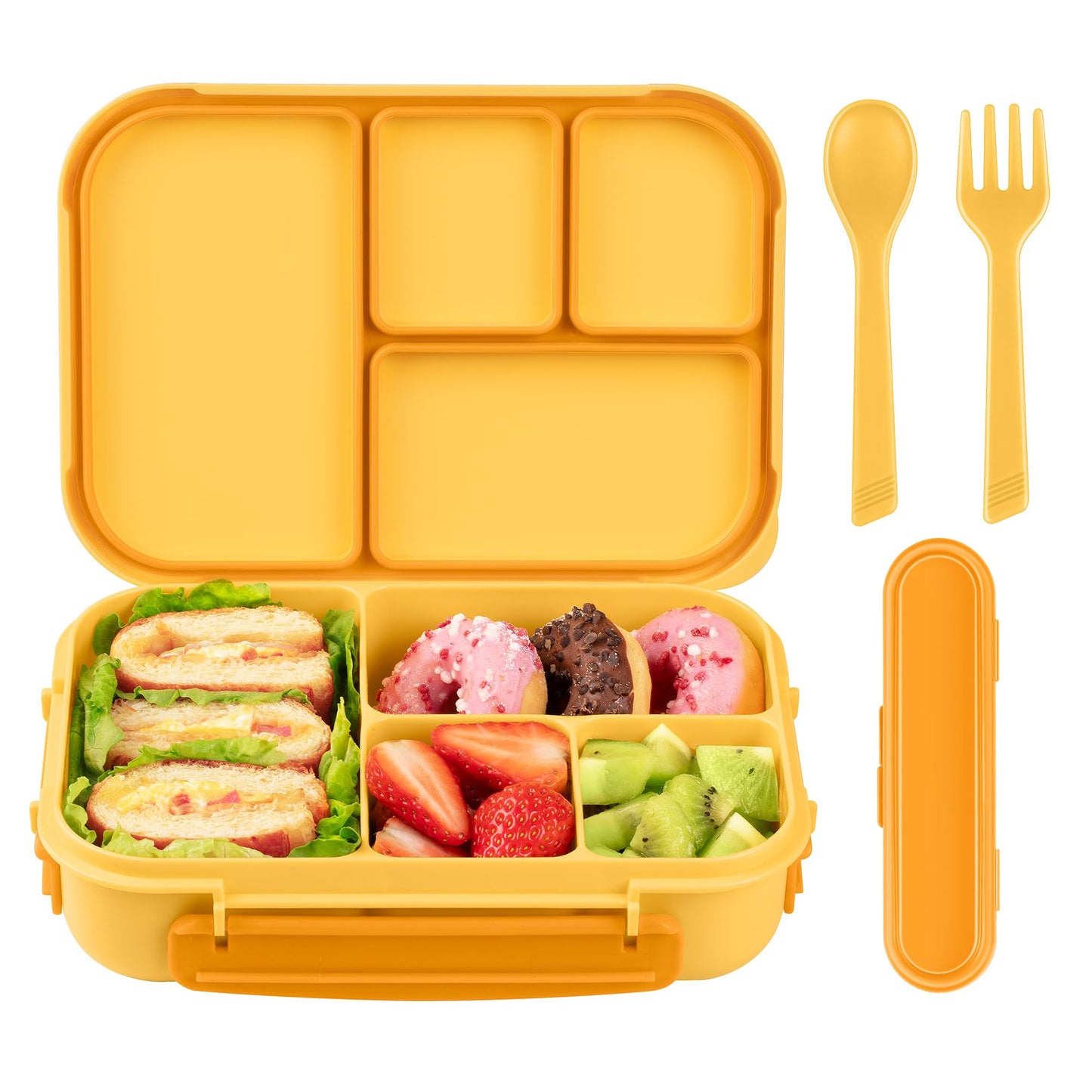 Amathley Lunch Box Kids,Bento Box Adult,Leakproof Lunch Containers for Adults/Kids/Toddler,1200ML-4 Compartments bento Lunch box with Utensil,Microwave & Dishwasher & Freezer Safe (Yellow)