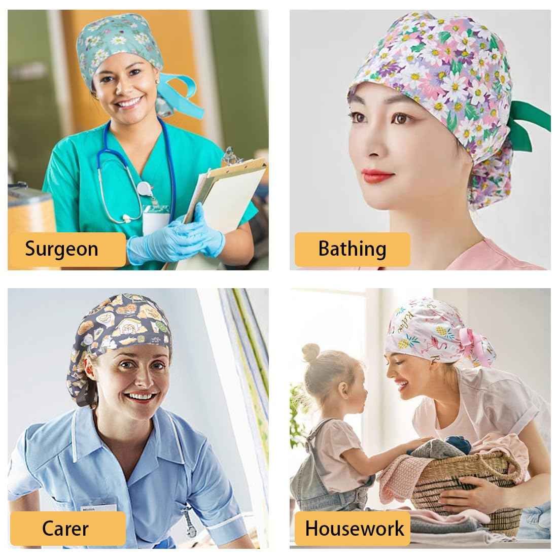 6 Pcs Scrub Caps Women Satin Lined, Adjustable Surgical Caps for Women, Nurse Cap with Button and Sweatband, Scrub Hats Women Ponytail, Working Cap for Unisex, Elastic Ponytail Tie Back, One Size