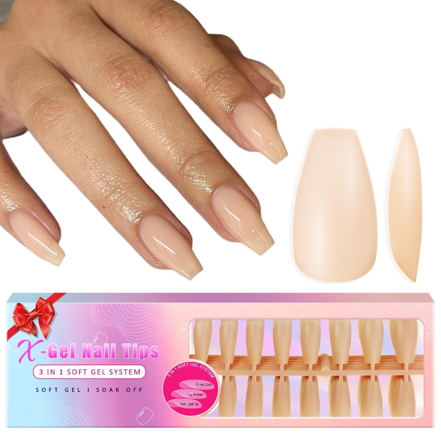 KQueenest Natural Nude Gel x Nail Tips Long Coffin, Skin Tone Gel Press on Nails Long Ballerina, Semi-Transparent Gel Tips Nails Fake Nails, Pre Colored Gel Nail Tips Kit for DIY Nail Art 300 Pcs