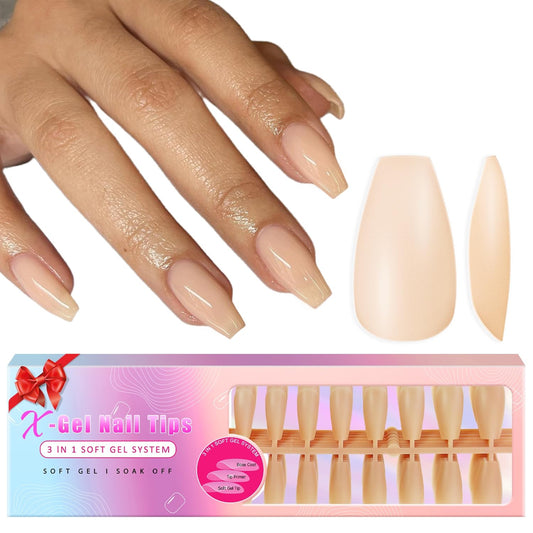 KQueenest Natural Nude Gel x Nail Tips Long Coffin, Skin Tone Gel Press on Nails Long Ballerina, Semi-Transparent Gel Tips Nails Fake Nails, Pre Colored Gel Nail Tips Kit for DIY Nail Art 300 Pcs