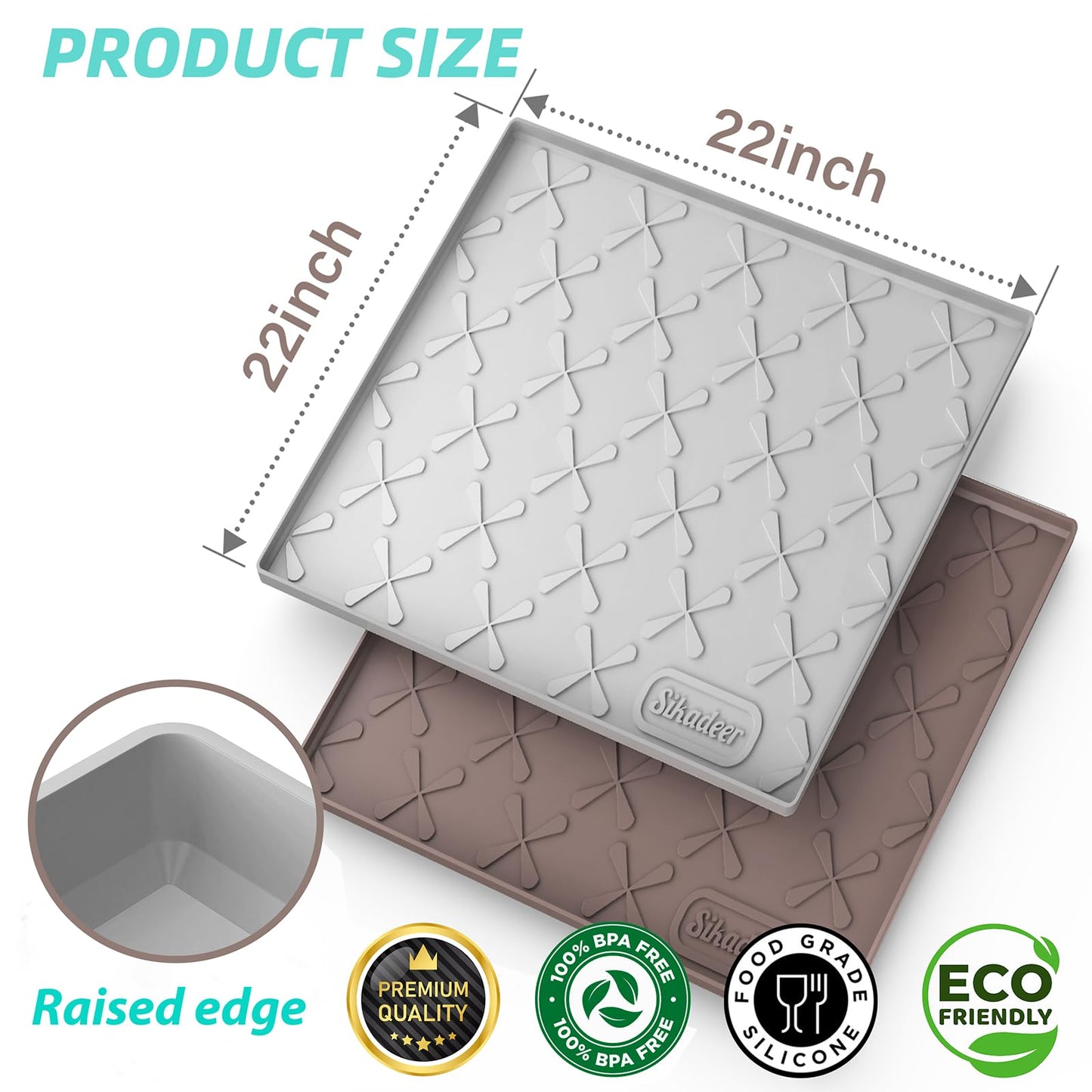 SIKADEER Under Sink Mat for Kitchen Waterproof, 22" x 22" Silicone Mat Cabinet Liner for Bathroom Under Sink Organizer with Raised Edge, Fits 24inch Standard Cabinet Under Sink Drip Tray Protector