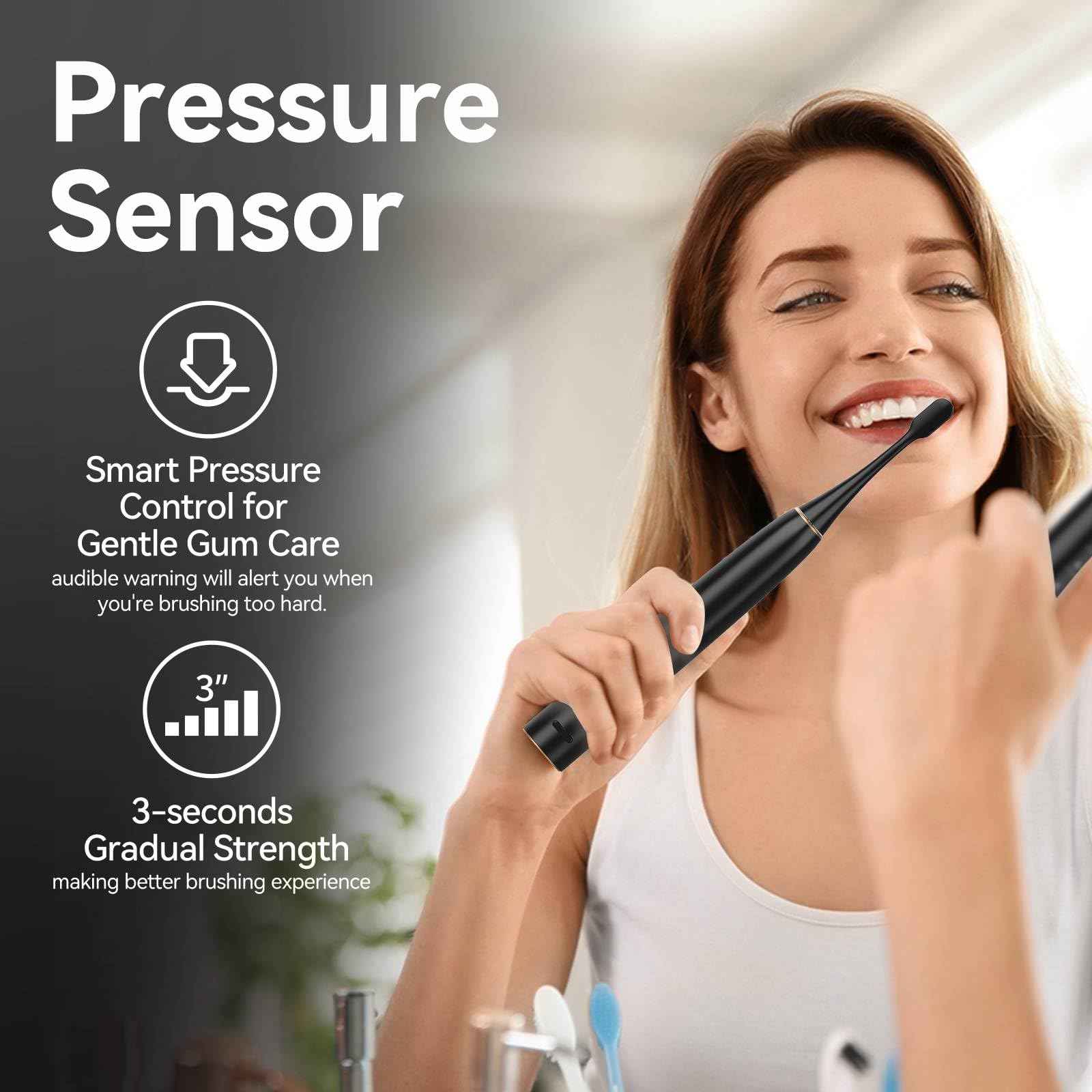 SEAGO Electric Toothbrush for Adults with Pressure Sensor, Sonic Toothbrushes Holder Wall Mounted, 30 Days Battery Life, 5 Cleaning Modes, 8 Replacement Heads, Timer & IPX7 Waterproof (Black, Middle)