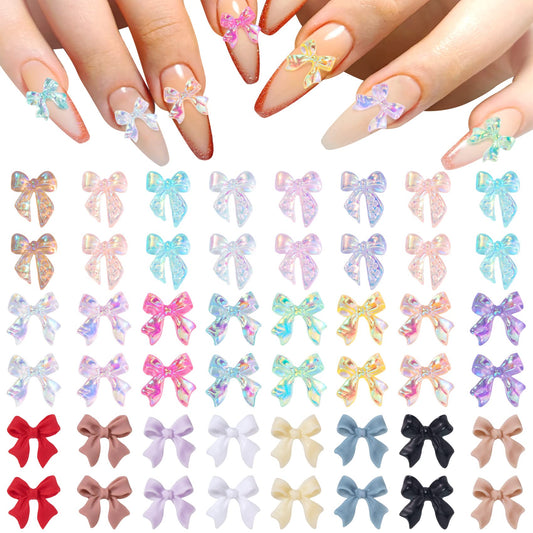 HINZIC 240 Pcs Aurora Bow Nail Charm 3D Bows Nail Charm Colorful Bowknot Nail Charm for Acrylic Nails Cute Butterfly Pearl Resin Rhinestone Glitter Wedding Prom Engagement Accessories for Women Girls