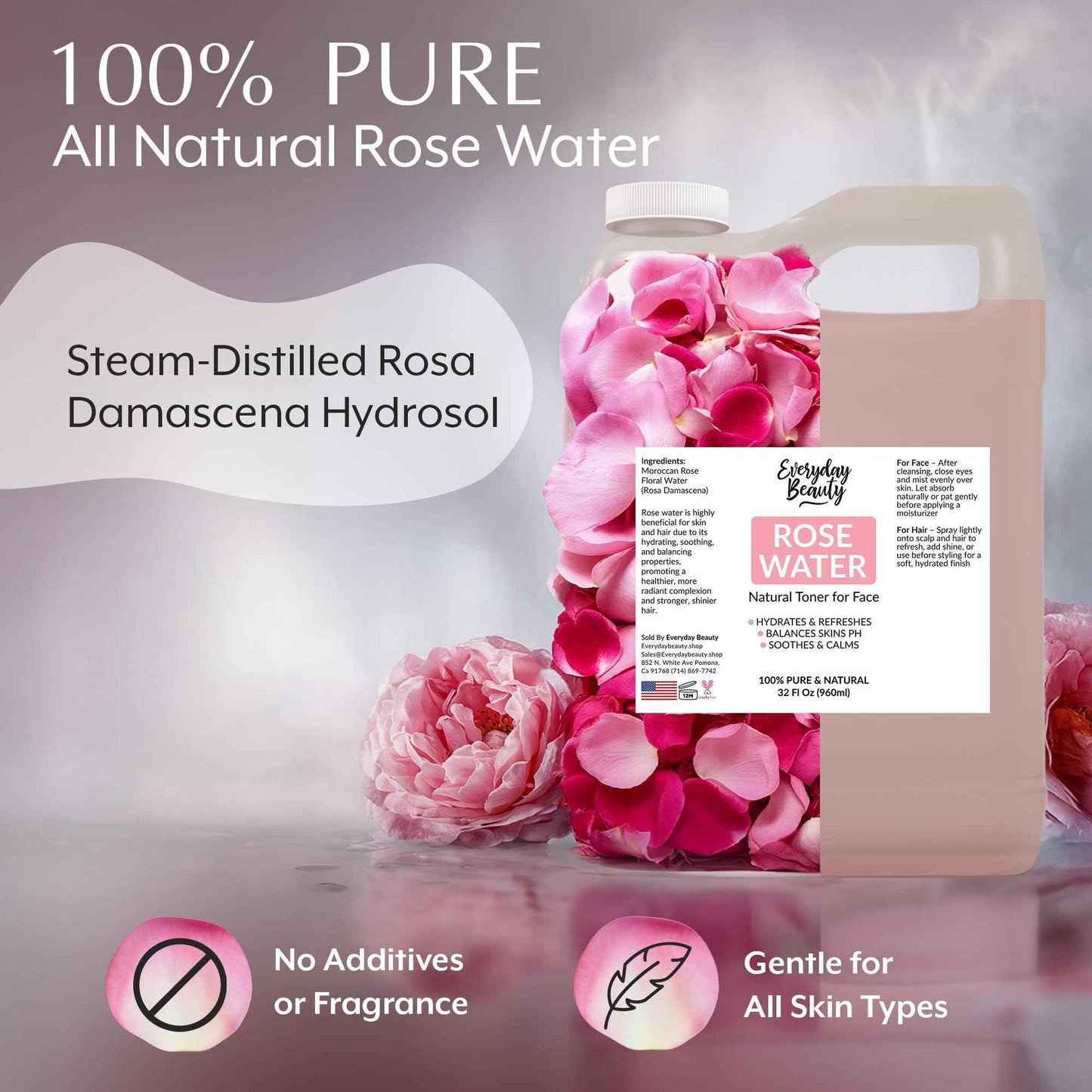 Rose Water Facial Toner - 32oz Bulk Alcohol-Free Vegan All Natural Refreshing for Face and Hair - Uplifts, Calming & Soothing for All Skin Types