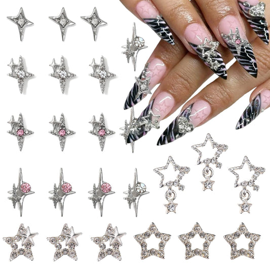 LRKNNO Shiny Silver Star Nail Charms, 3D Alloy Stars Nail Rhinestones Starlight Star Nail Gems for Acrylic Nails Y2K Metal Nail Supplies Star Nail Art Jewels Accessories for Women DIY Nails 24Pcs