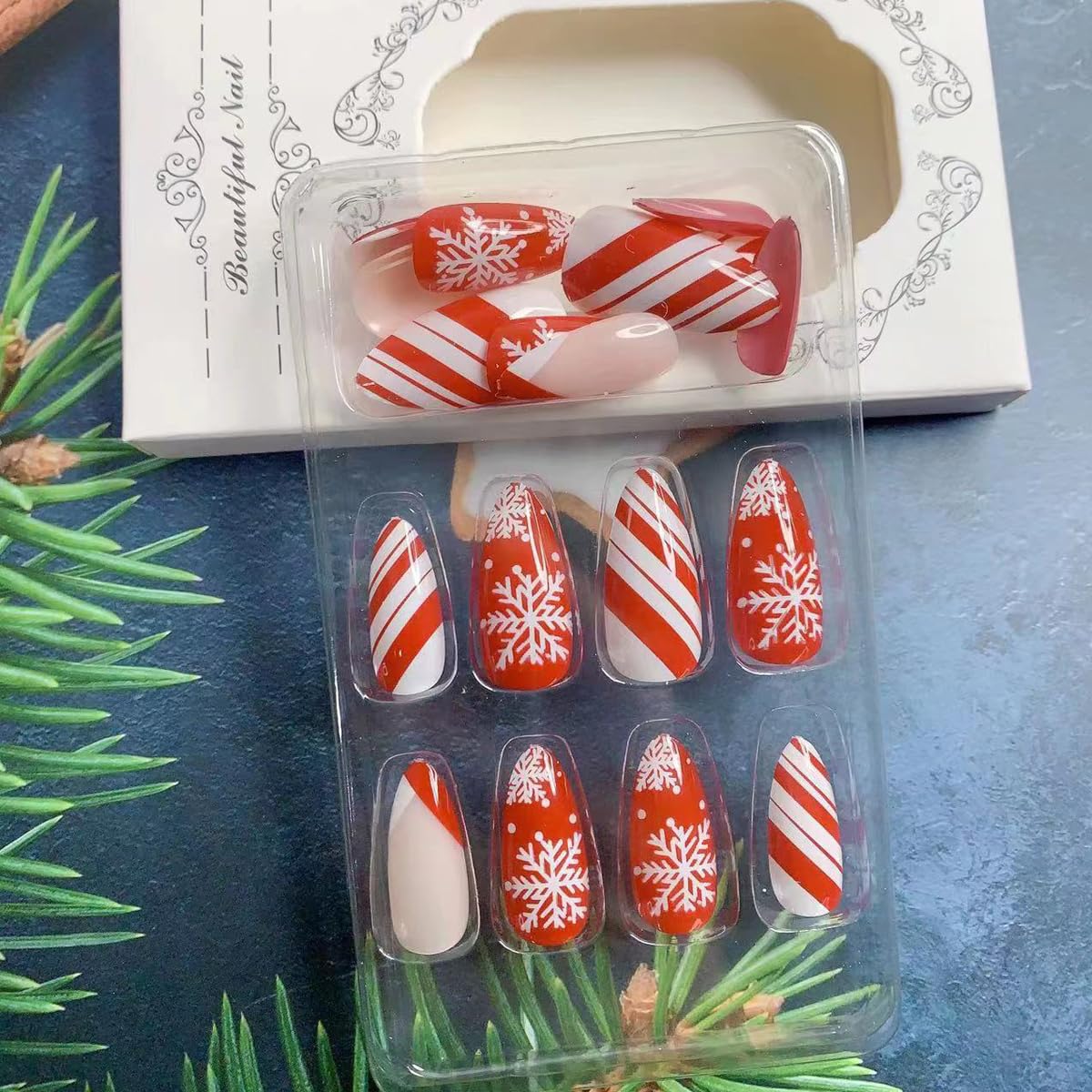 24pcs Christmas Press on Nails Medium Almond Fake Nails Snowflake Winter Xmas Nails Press on Red White Stripes with Designs Acrylic Full Cover Glossy Glue on Nails Artificial Nails Christmas for Women