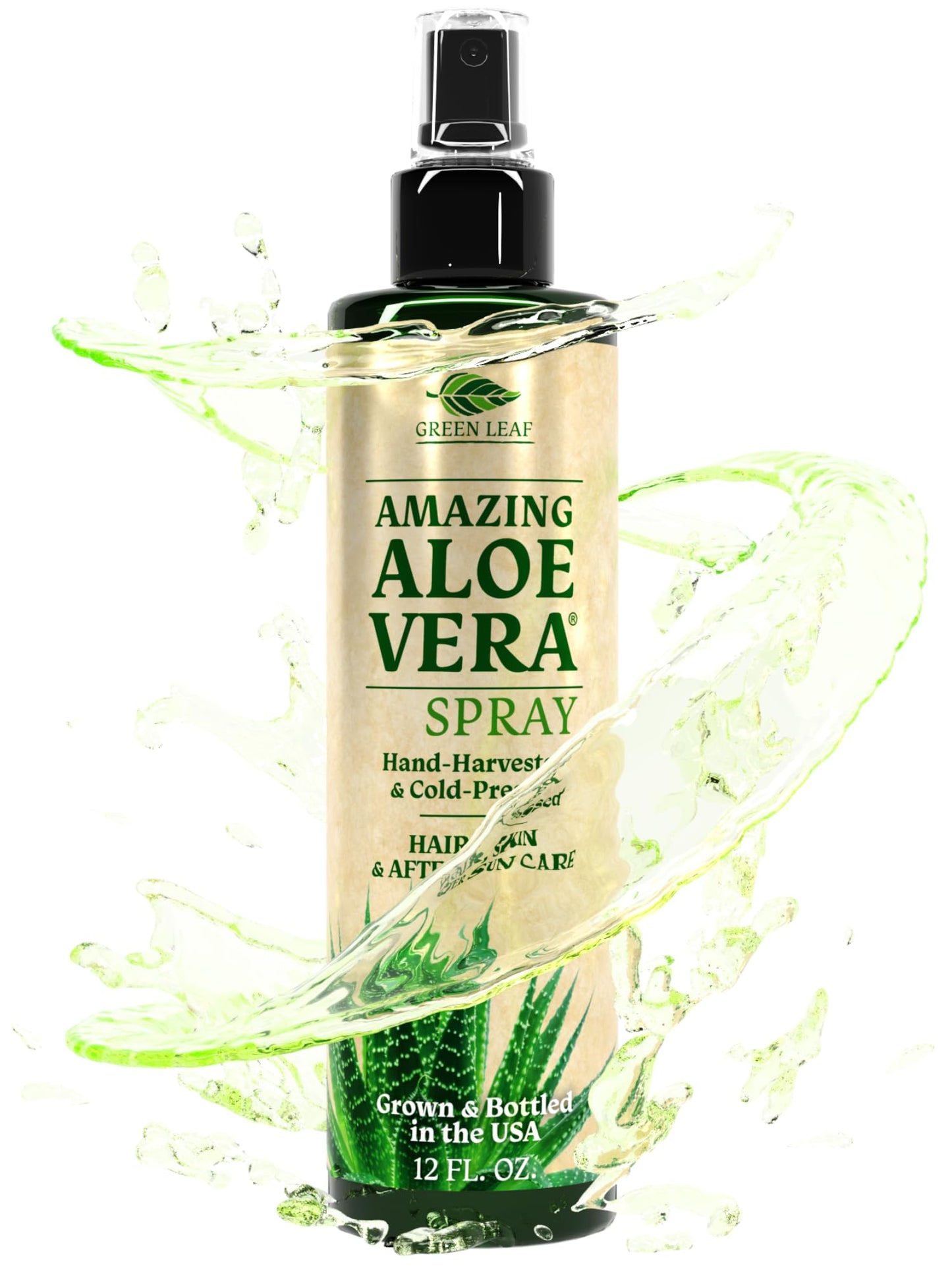 Green Leaf Aloe Vera Spray 99% Pure Cold-Pressed Aloe Vera Juice, for Hair, Skin & Face Moisturizer, Fast Absorption After Sun Care, Sunburn Relief & Solar Recovery Spray| 12oz |Aloevera Body Spray