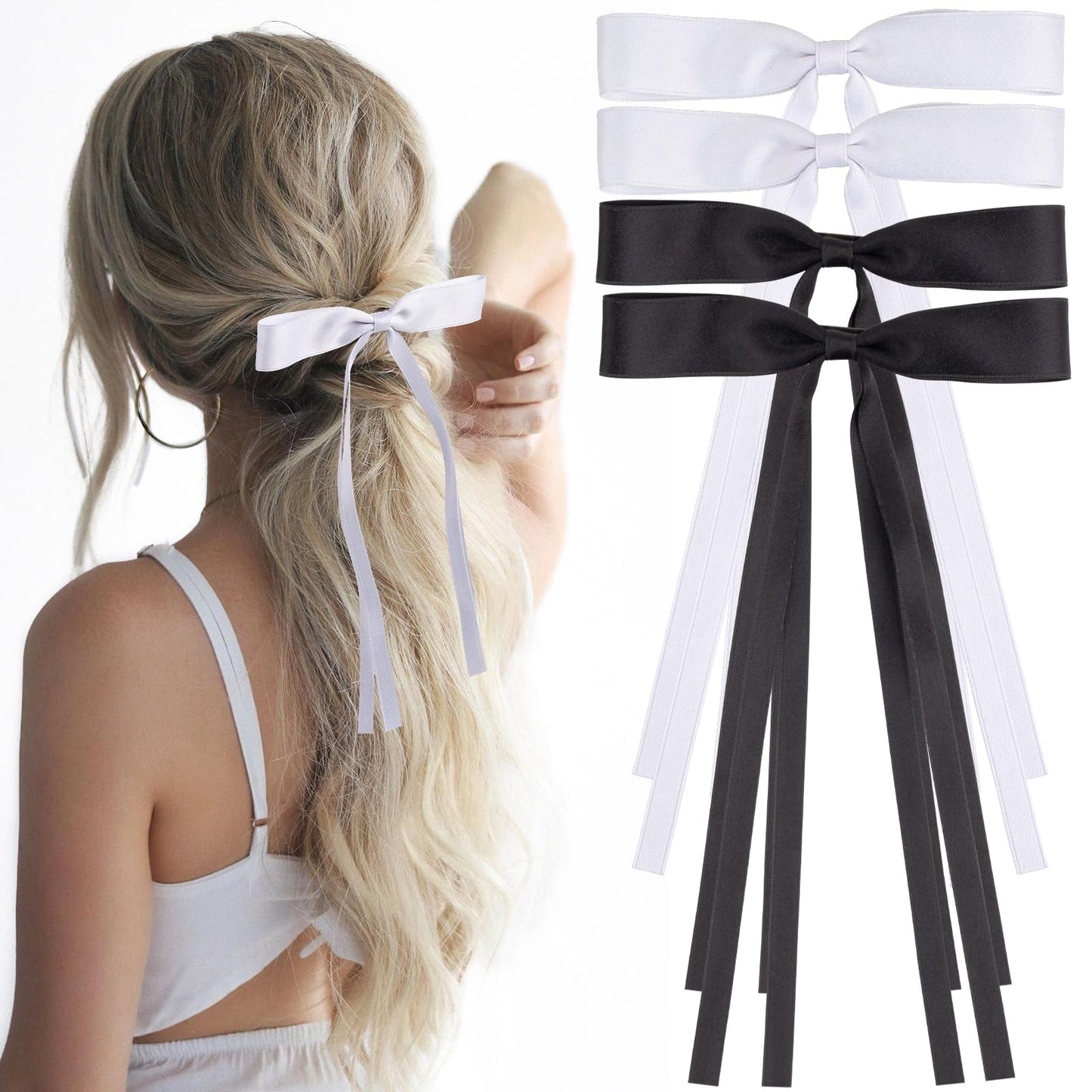 4Pcs Hair Bows for Women Tassel Ribbon Bow Hair Clips Silky Satin Bow Barrettes Hair with Long Tai Ribbons Bows Clips for Ponytail Holder Cute Bows Hair Accessories for Women Girls Teens (Black,White)