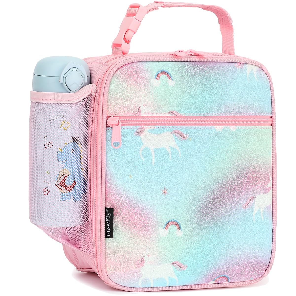 FlowFly Kids Lunch box Insulated Soft Bag Mini Cooler Back to School Thermal Meal Tote Kit for Girls, Boys, Glitter-Unicorn