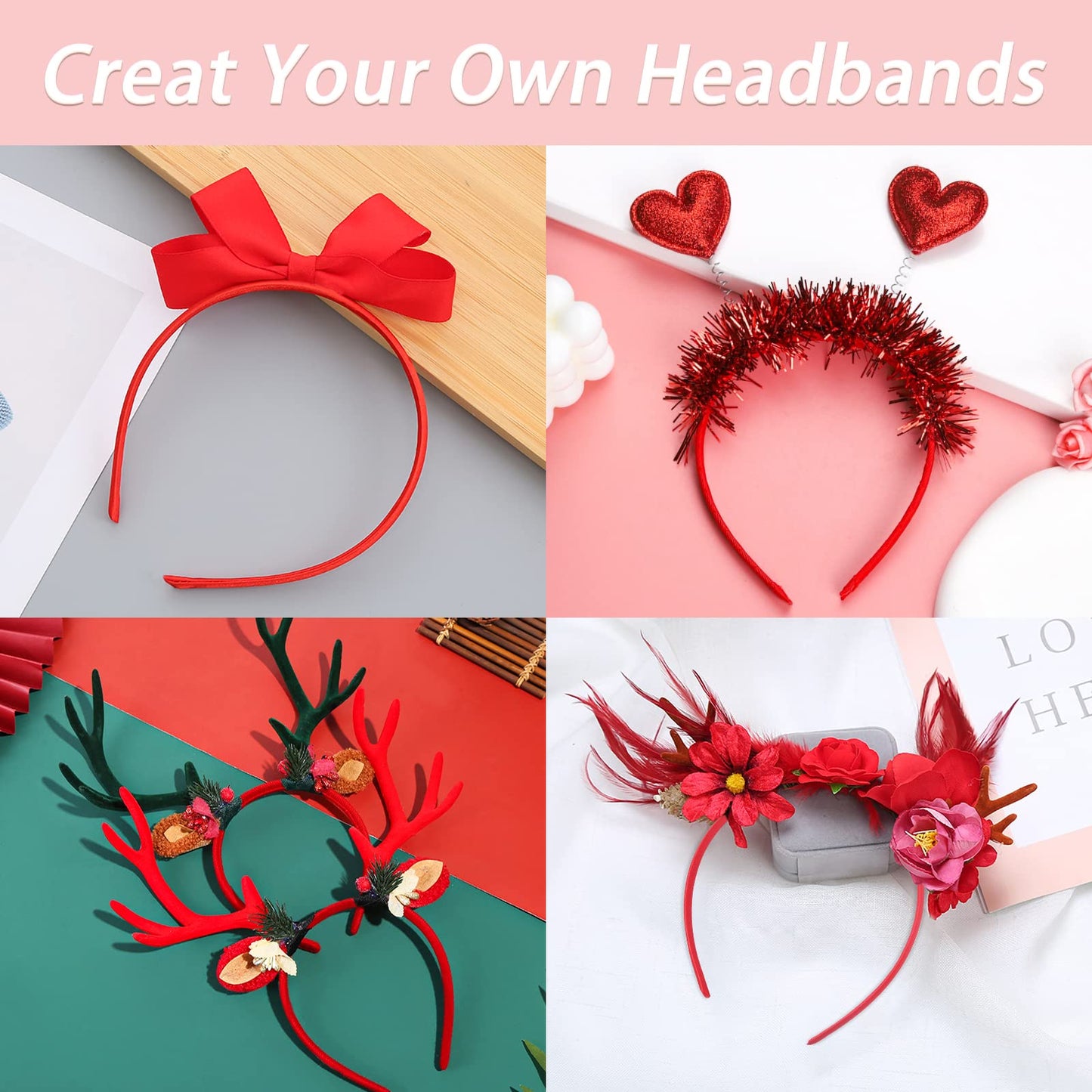 Candygirl Girls' DIY Satin Covered Headbands for Women Thin Plastic Red Head Bands for crafts Valentines Christmas Gift