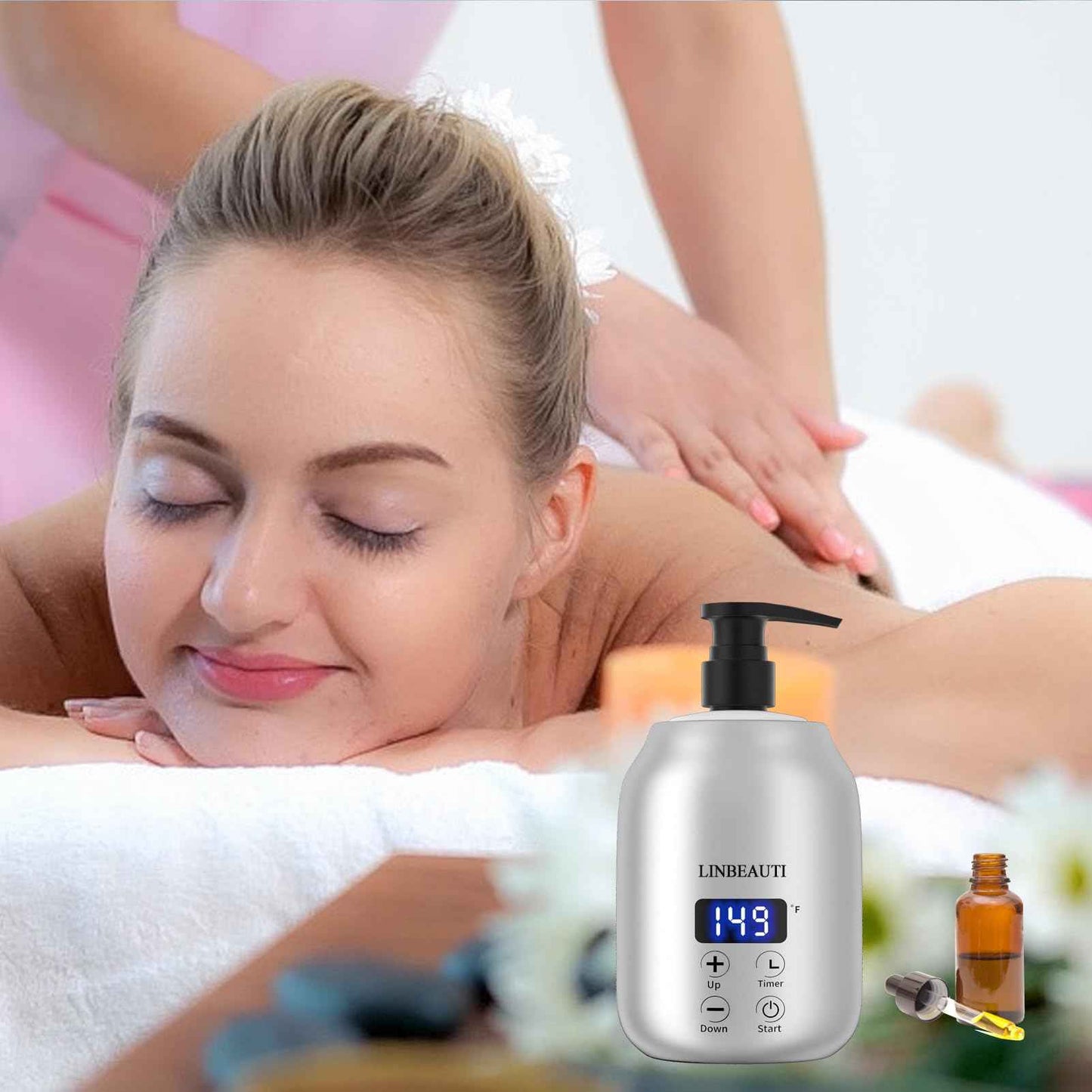 LINBEAUTI Massage Oil Warmer with Two Oil Bottle Dispenser, Lotion Bottle Warmer, Smart Touch Key Electric Warm Lotion Dispenser, Lube Gel Cream Warmer for Home Pro Salon Spa Massage (silver)