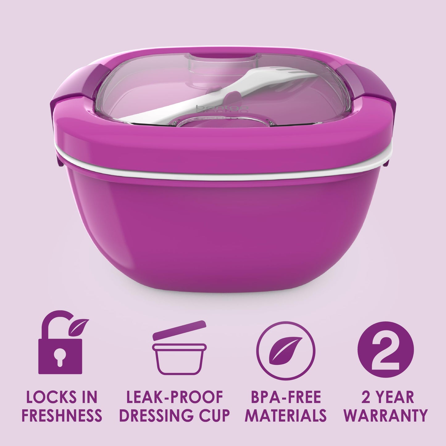 Bentgo All-in-One Salad Container - Large Salad Bowl, Bento Box Tray, Leak-Proof Sauce Container, Airtight Lid, & Fork for Healthy Adult Lunches; BPA-Free & Dishwasher/Microwave Safe (Purple)