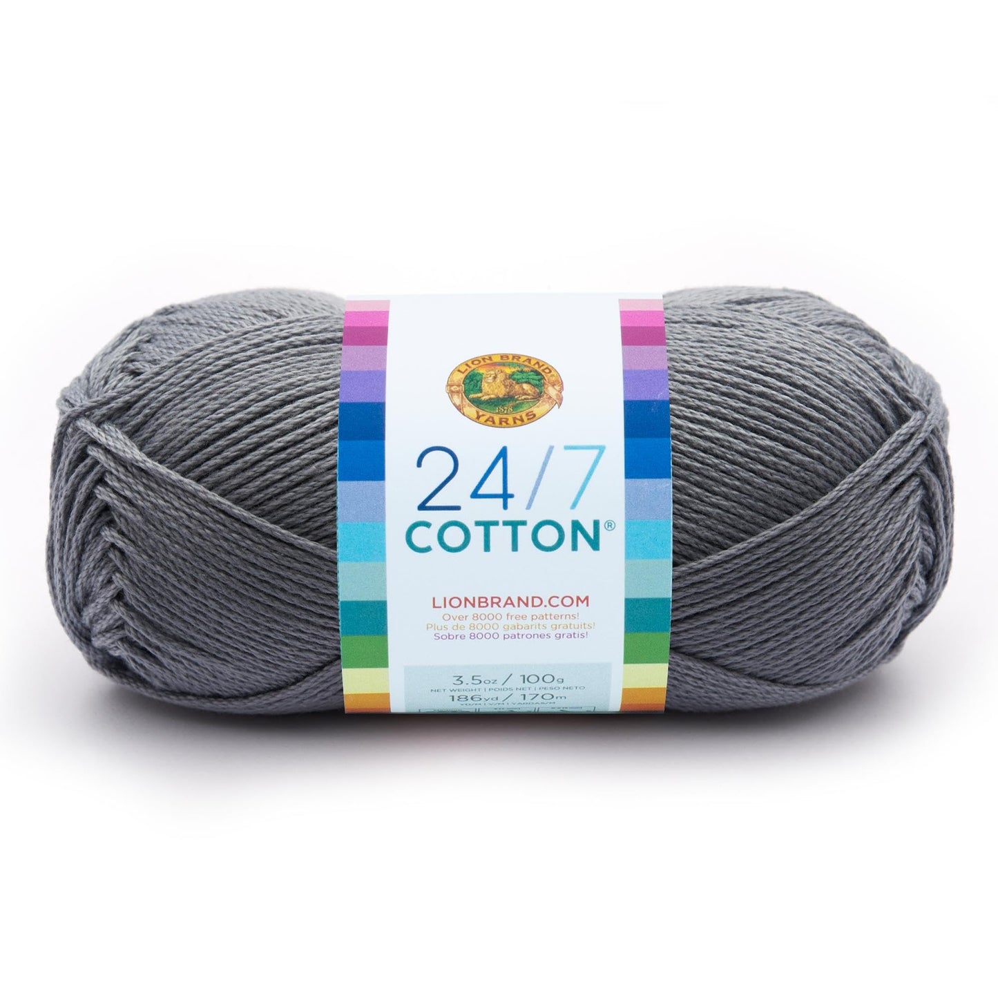 Lion Brand 24/7 Cotton Yarn, Lightweight Yarn for Knitting, Crocheting, and Crafts, Silver, 1 Pack