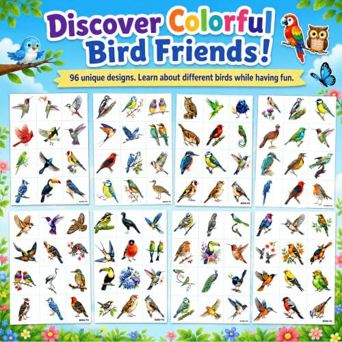 96 Rainforest Bird Temporary Tattoos for Kids