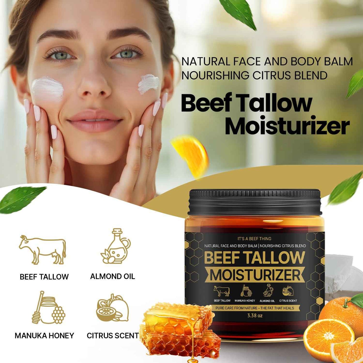 Beef Tallow for Skin – Face & Body Balm to Strengthen Skin Barrier, Hydrating & Soothing with Grass-Fed Beef Tallow, Manuka Honey, Almond Oil & Light Citrus Scent (3.38oz)