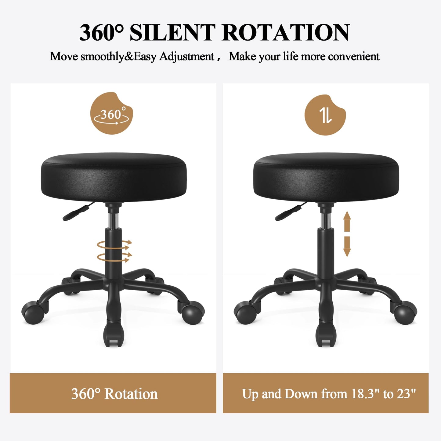 SHA CERLIN Rolling Stool with Wheels Swivel Shop Salon Chair Adjustable Drafting Massage Medical Tattoo Spa with PU Leather Cushioned, Black