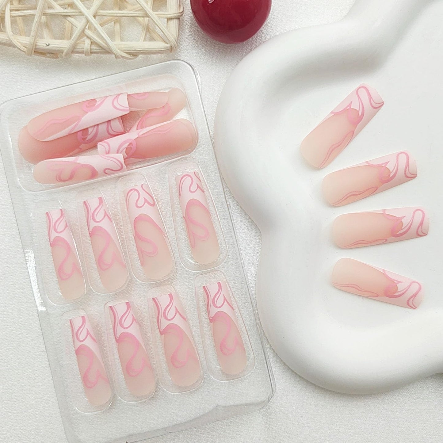 White French Tip Press on Nails Long Square Fake Nails Pink Swirls Glue on Nails Translucent Acrylic Nails Spring & Cute Nails Matte & Simple Artificial Nails for Women 24Pcs