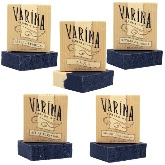 Varina Organic Charcoal Variety Bar Soap - Gentle Cleansing for Sensitive Skin, Herbal and Mint - 5 Pack