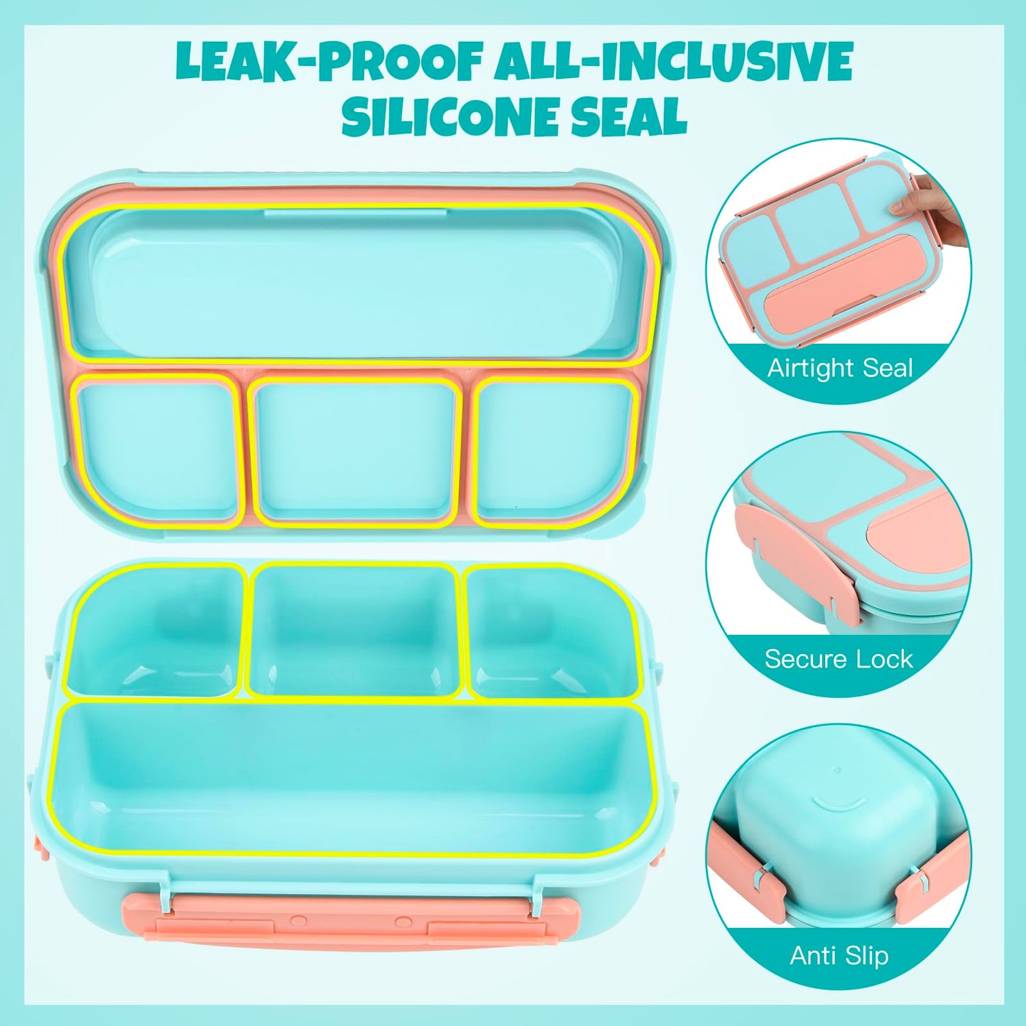 MaMix Bento Lunch Box Adult, Bento Box for Kids, Lunch Containers for Adults/Kids/Students,1300ML-4 Compartment Lunch Box Kids (Pastel blue)