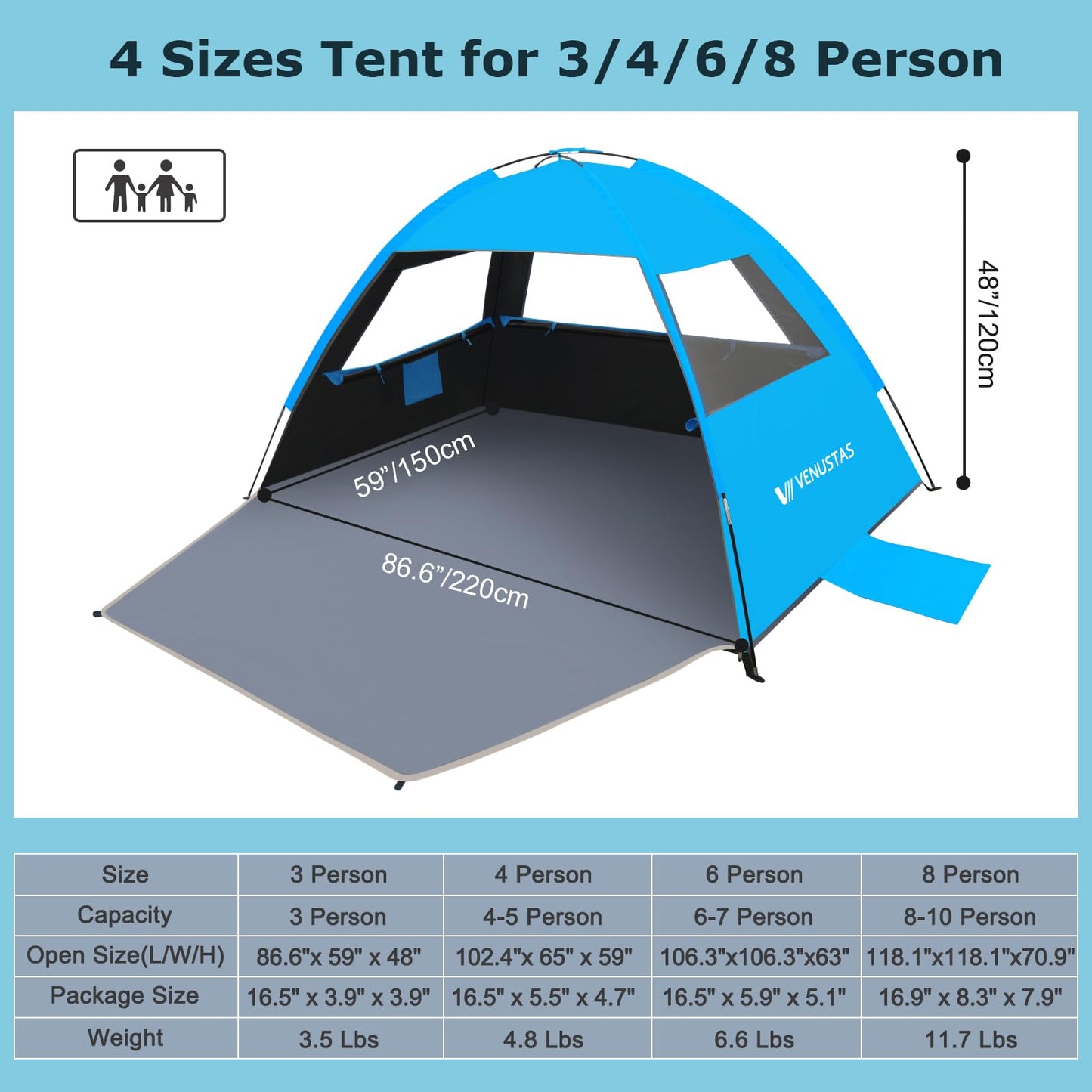 Venustas Beach Tent Sun Shelter for 3/4-5/6-7/8-10 Person, UPF 50+ UV Protection Beach Canopy, Lightweight and Easy Setup Cabana, Portable Beach Shade Tent