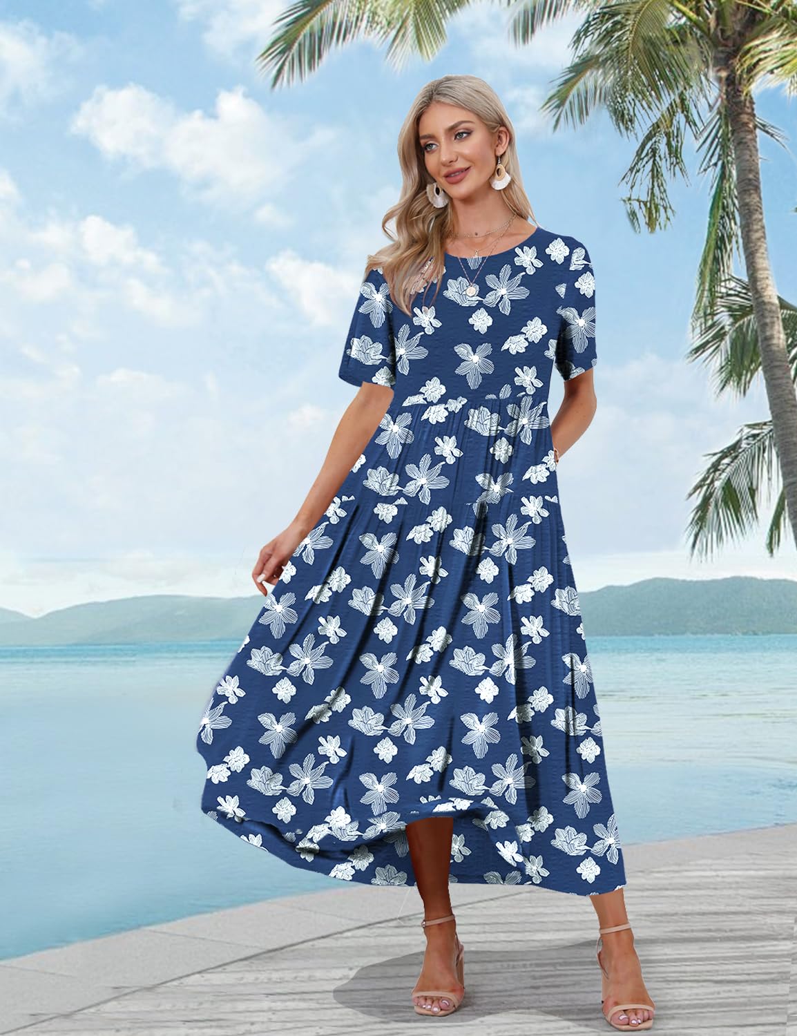 YESNO Women Casual Loose Bohemian Floral Dress with Pockets Short Sleeve Long Maxi Summer Beach Swing Dress S EJF CR385