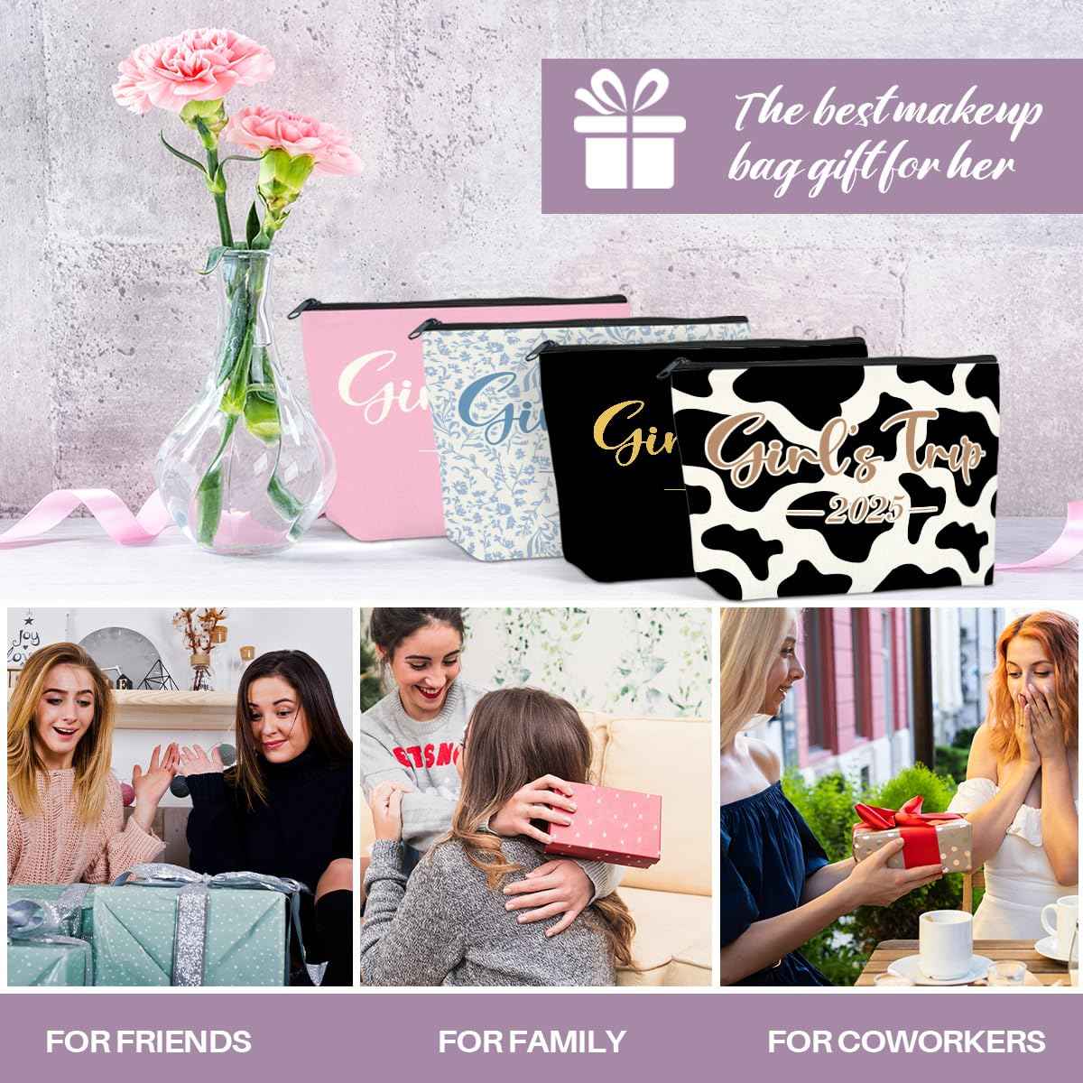 4-in-1 Girls Trip Favors - Weekend Gifts for Women - Makeup Bag & Cosmetic Bags - Weekender Bag for Christmas Vacation