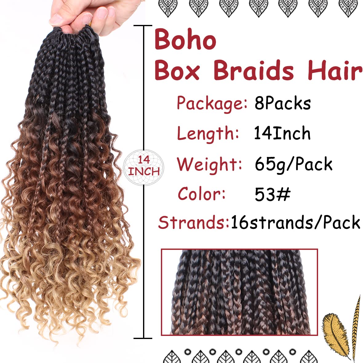 Beverlee Goddess Box Braids Crochet Hair 14 Inch Boho Box Braids 8 Packs Crochet Hair Bohemian Box Braids Crochet Braids Box Braids Curly Ends Messy Pre-looped Synthetic Curly Crochet Hair for Women